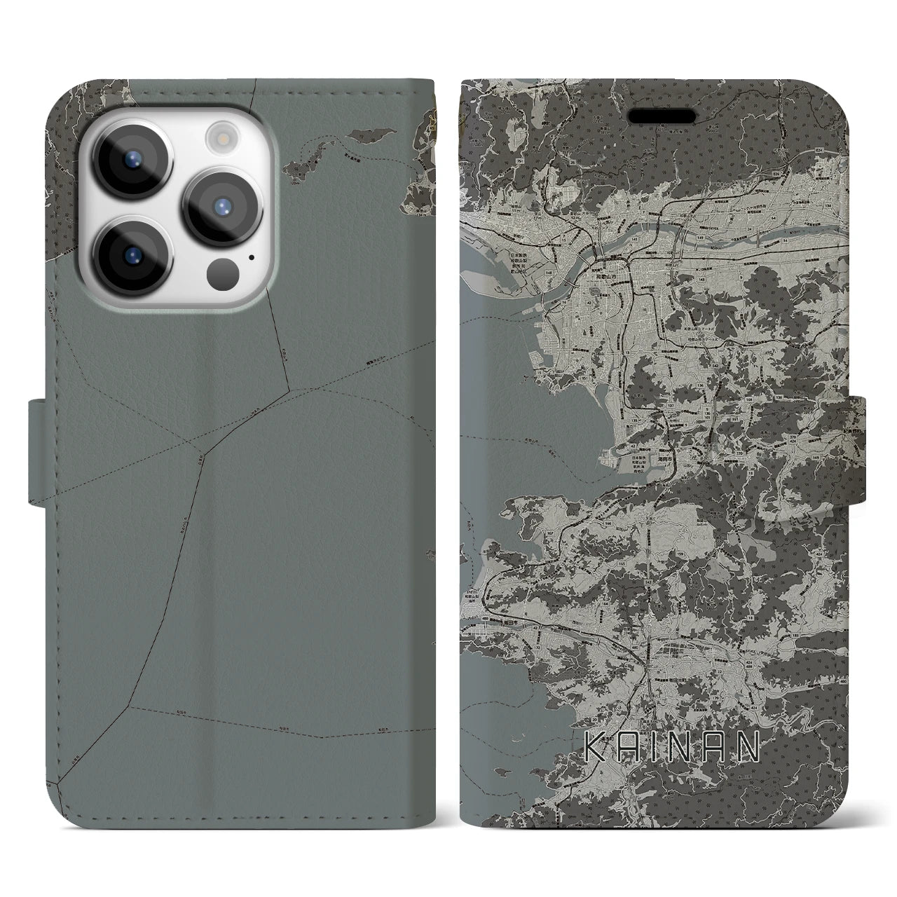 【海南(和歌山県)】地図柄iPhoneケース(手帳タイプ)モノトーン・iPhone 14 Pro 用