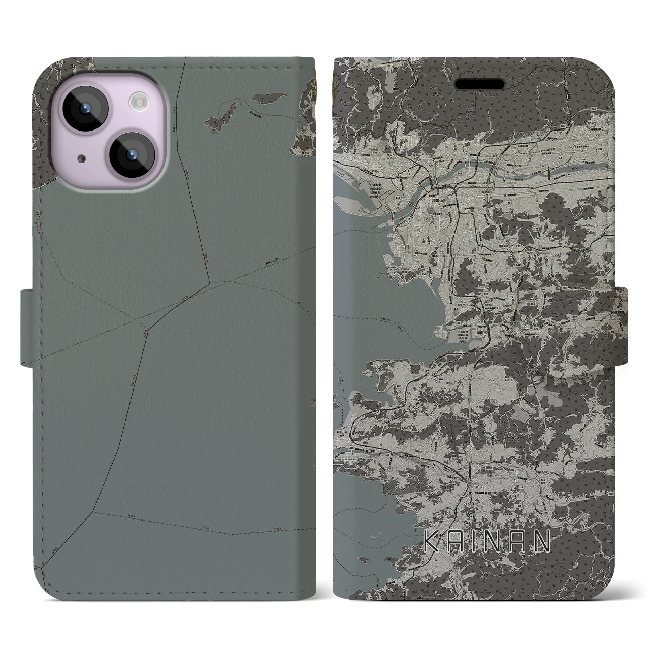 【海南(和歌山県)】地図柄iPhoneケース(手帳タイプ)モノトーン・iPhone 14 用