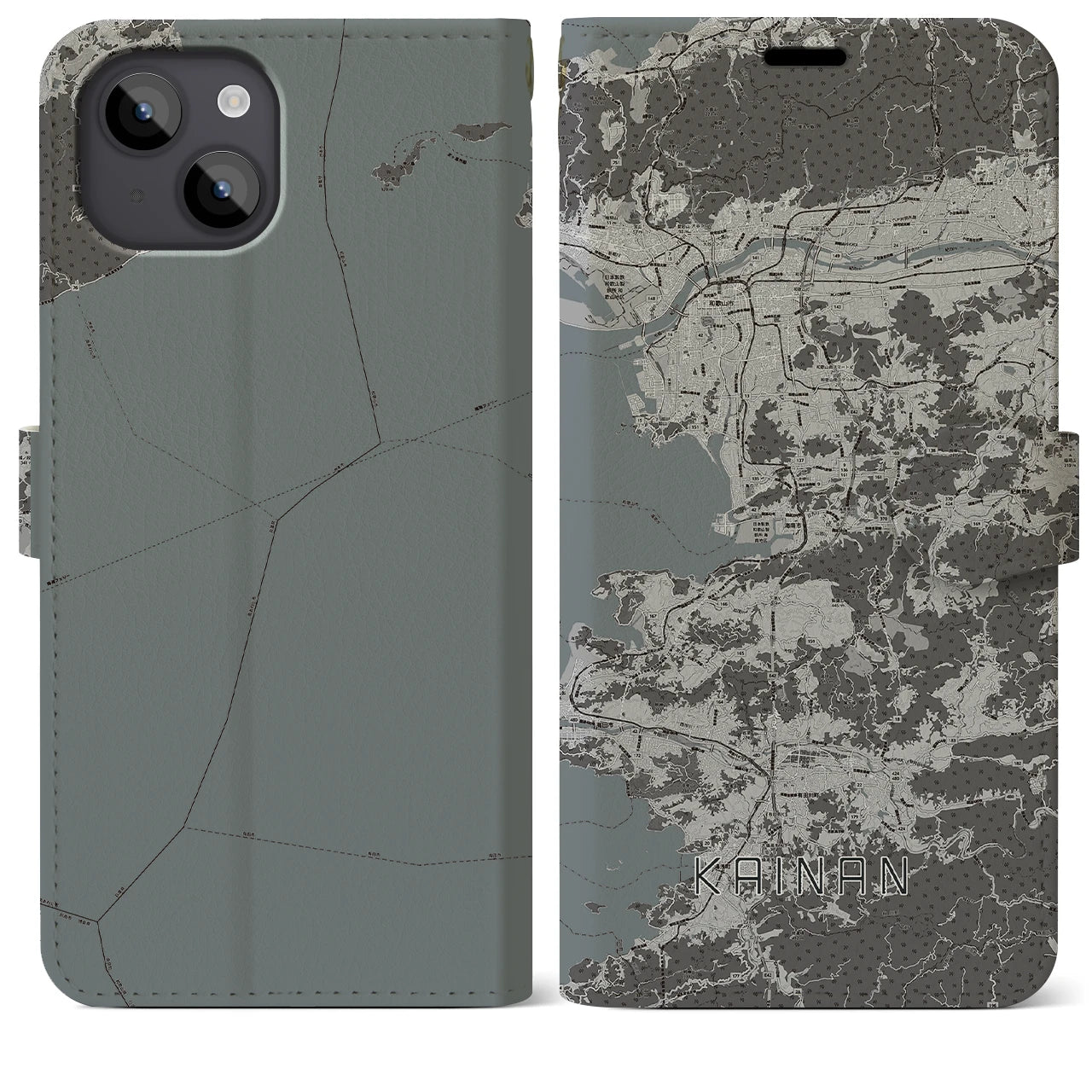 【海南(和歌山県)】地図柄iPhoneケース(手帳タイプ)モノトーン・iPhone 14 Plus 用