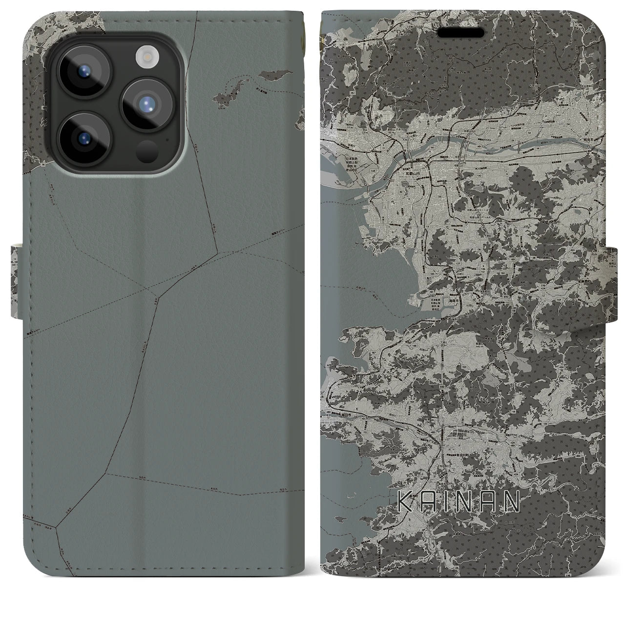 【海南(和歌山県)】地図柄iPhoneケース(手帳タイプ)モノトーン・iPhone 15 Pro Max 用