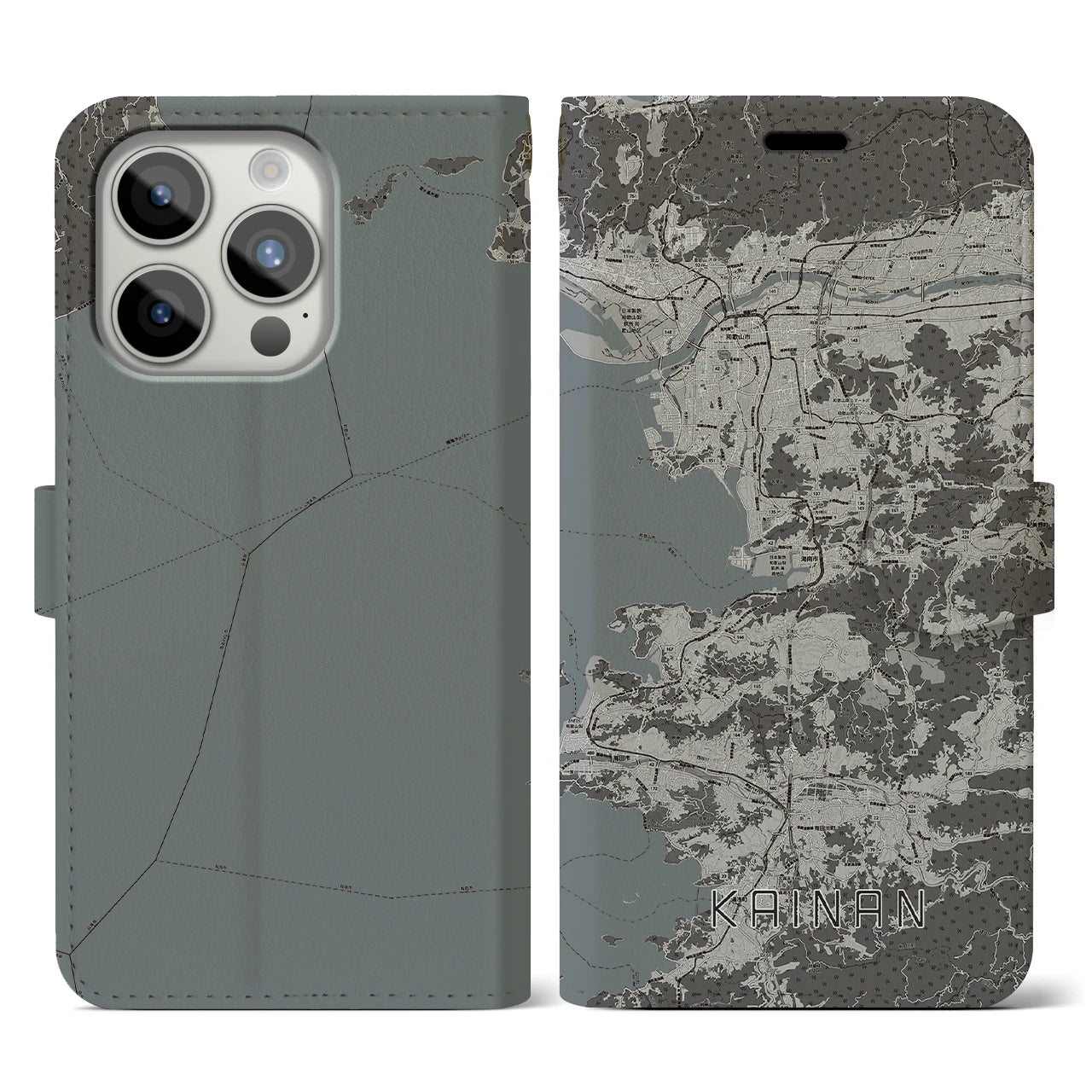 【海南(和歌山県)】地図柄iPhoneケース(手帳タイプ)モノトーン・iPhone 15 Pro 用