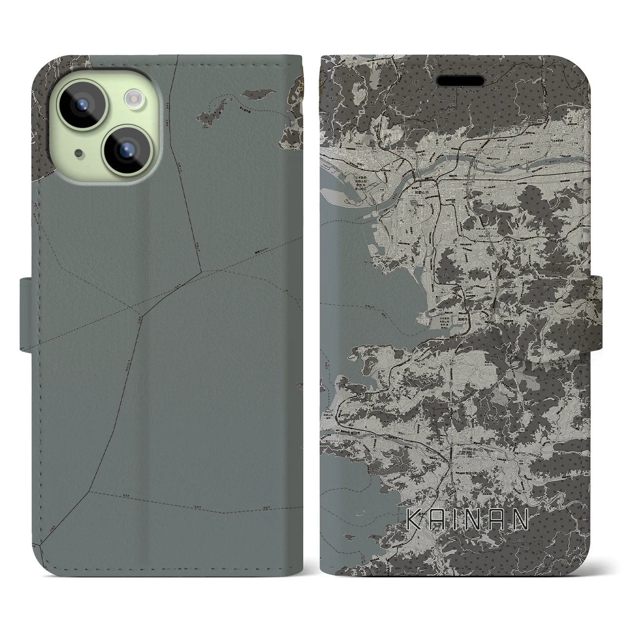 【海南(和歌山県)】地図柄iPhoneケース(手帳タイプ)モノトーン・iPhone 15 用