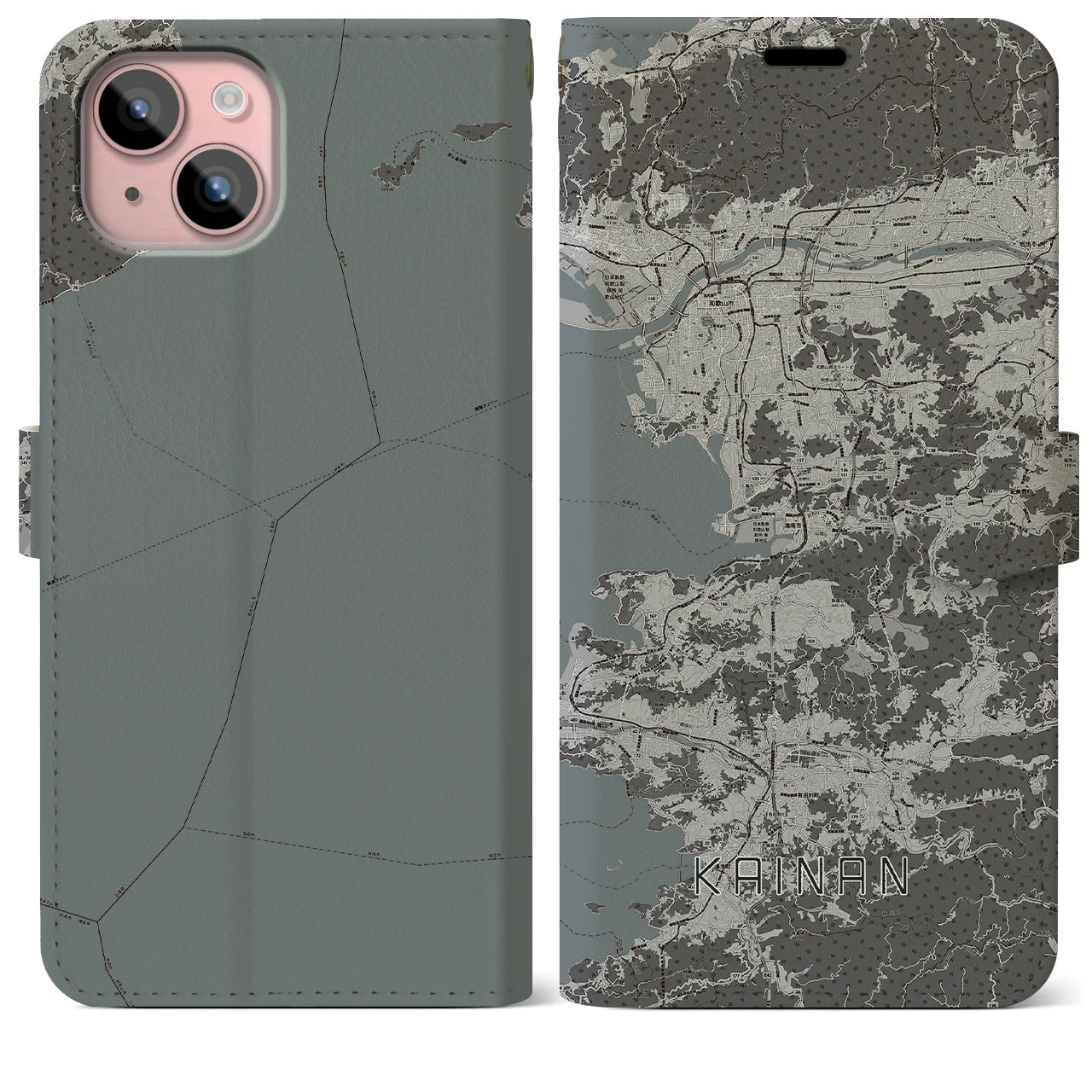【海南(和歌山県)】地図柄iPhoneケース(手帳タイプ)モノトーン・iPhone 15 Plus 用