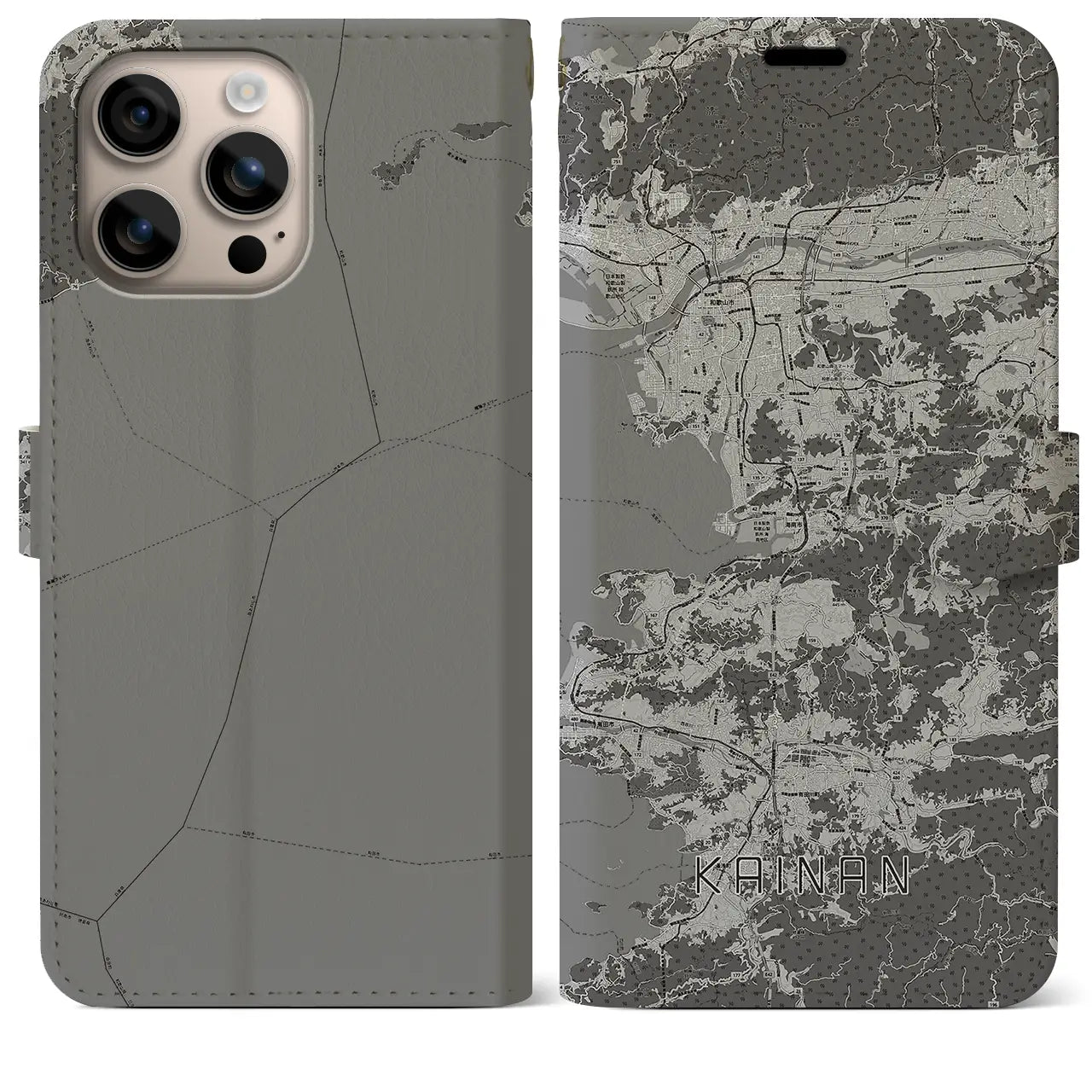 【海南(和歌山県)】地図柄iPhoneケース(手帳タイプ)モノトーン・iPhone 16 Plus 用