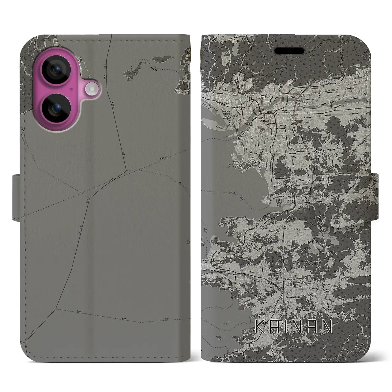 【海南(和歌山県)】地図柄iPhoneケース(手帳タイプ)モノトーン・iPhone 16 Pro 用
