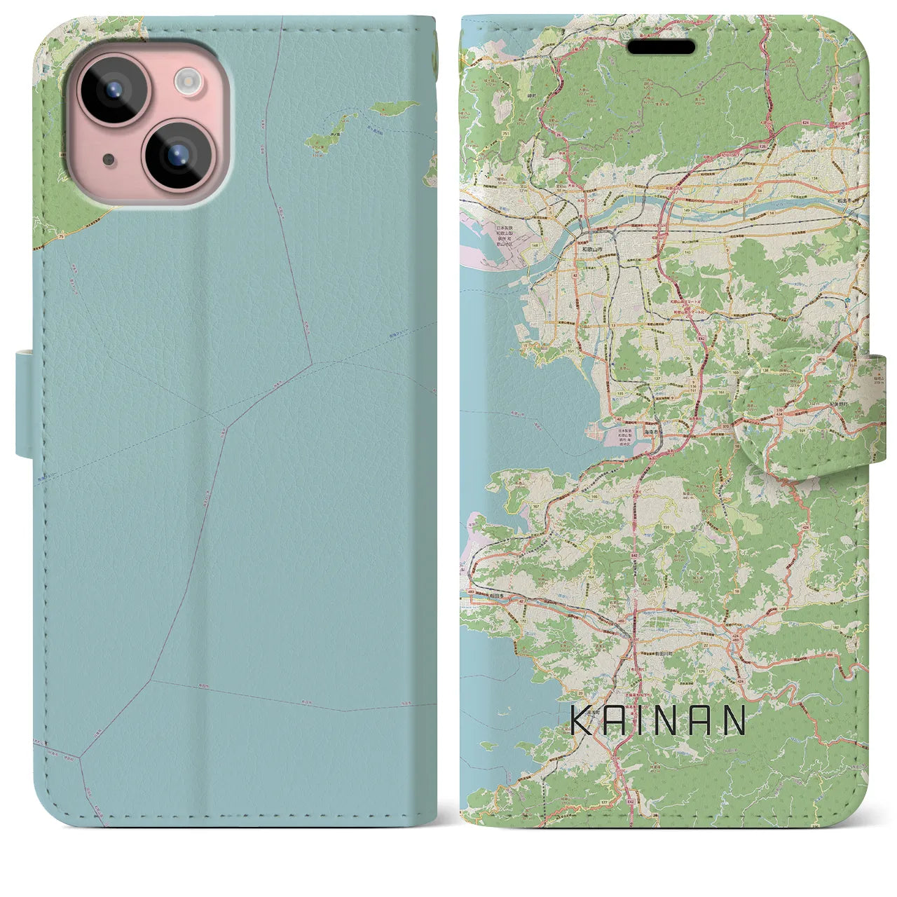 【海南(和歌山県)】地図柄iPhoneケース(手帳タイプ)ナチュラル・iPhone 15 Plus 用
