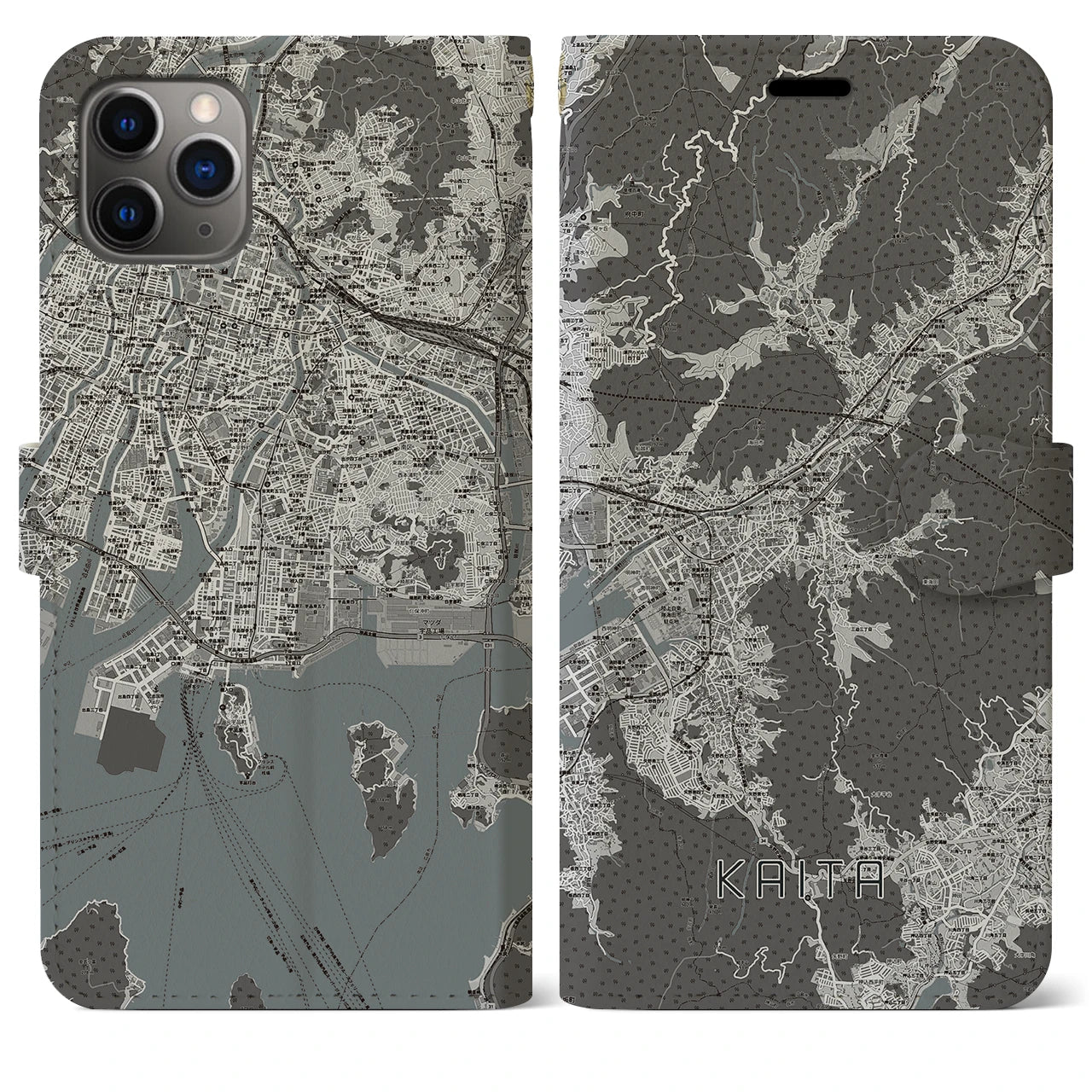 【海田(広島県)】地図柄iPhoneケース(手帳タイプ)モノトーン・iPhone 11 Pro Max 用