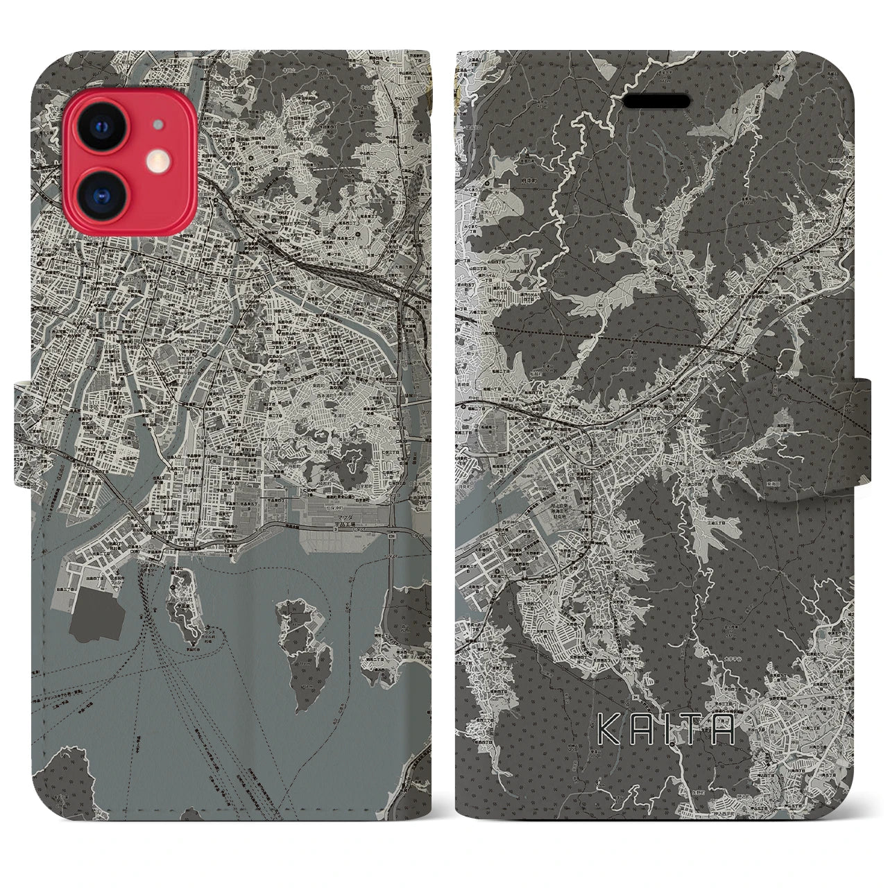 【海田(広島県)】地図柄iPhoneケース(手帳タイプ)モノトーン・iPhone 11 用