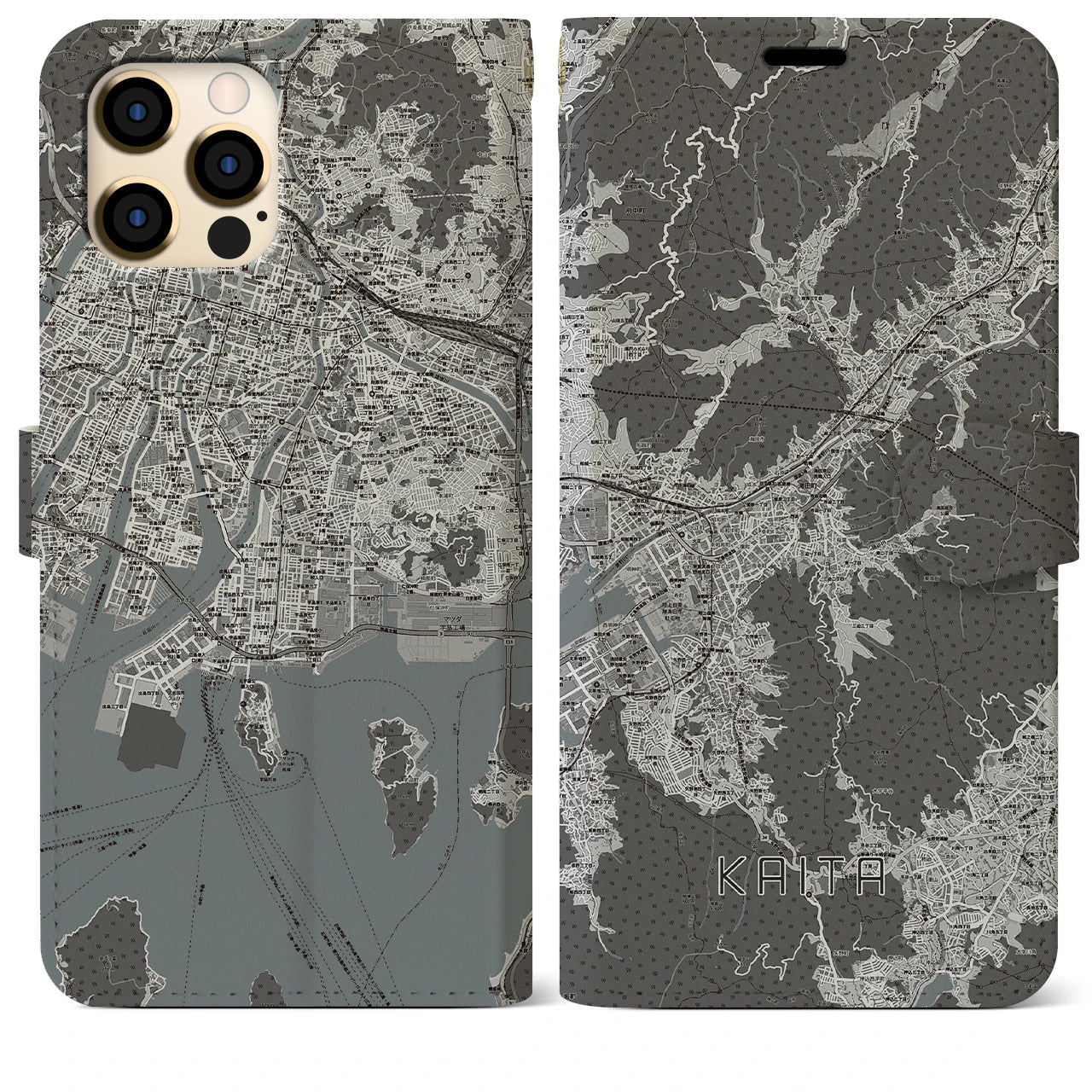【海田(広島県)】地図柄iPhoneケース(手帳タイプ)モノトーン・iPhone 12 Pro Max 用