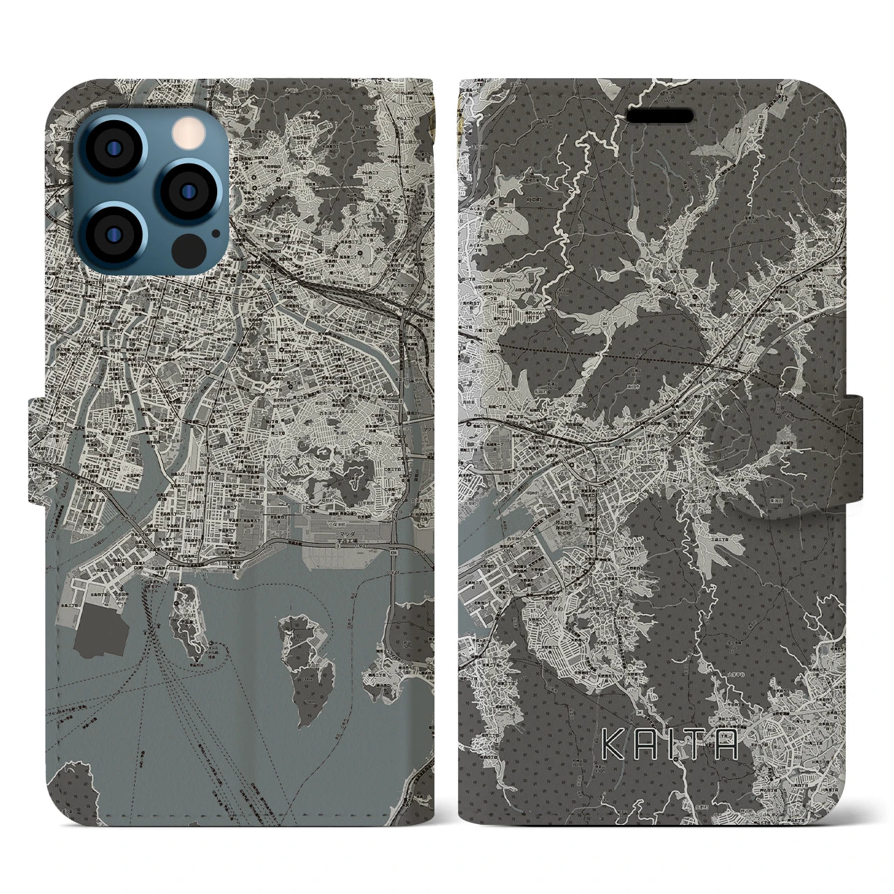 【海田(広島県)】地図柄iPhoneケース(手帳タイプ)モノトーン・iPhone 12 / 12 Pro 用