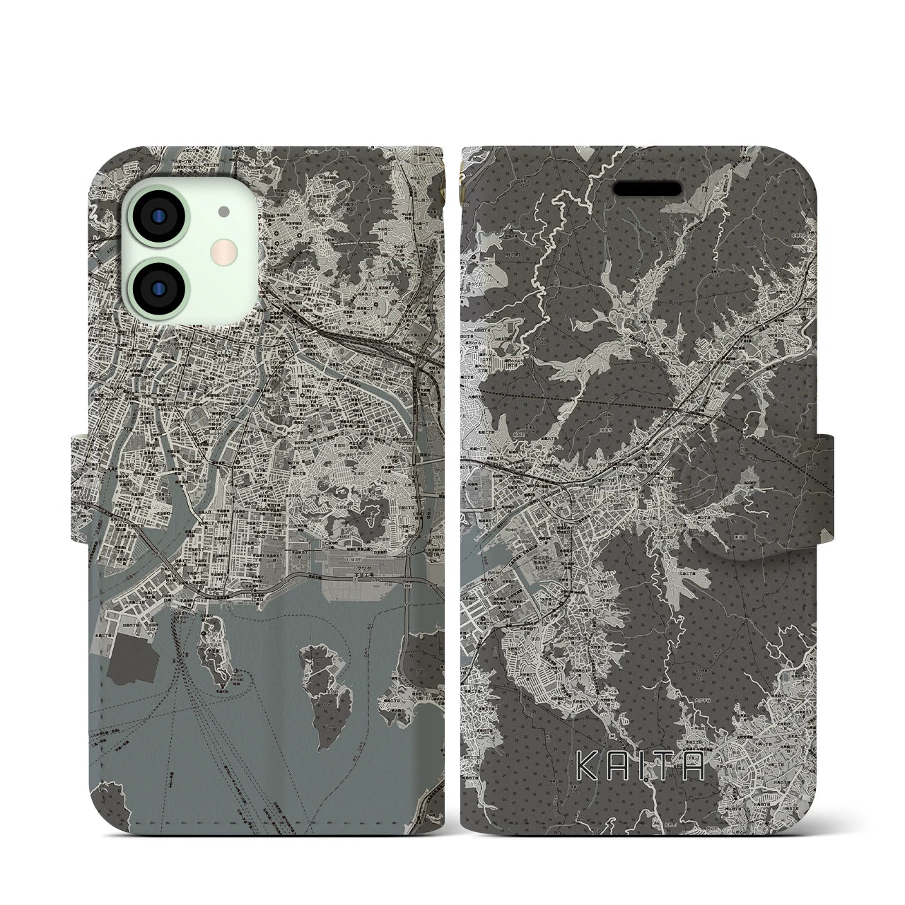 【海田(広島県)】地図柄iPhoneケース(手帳タイプ)モノトーン・iPhone 12 mini 用