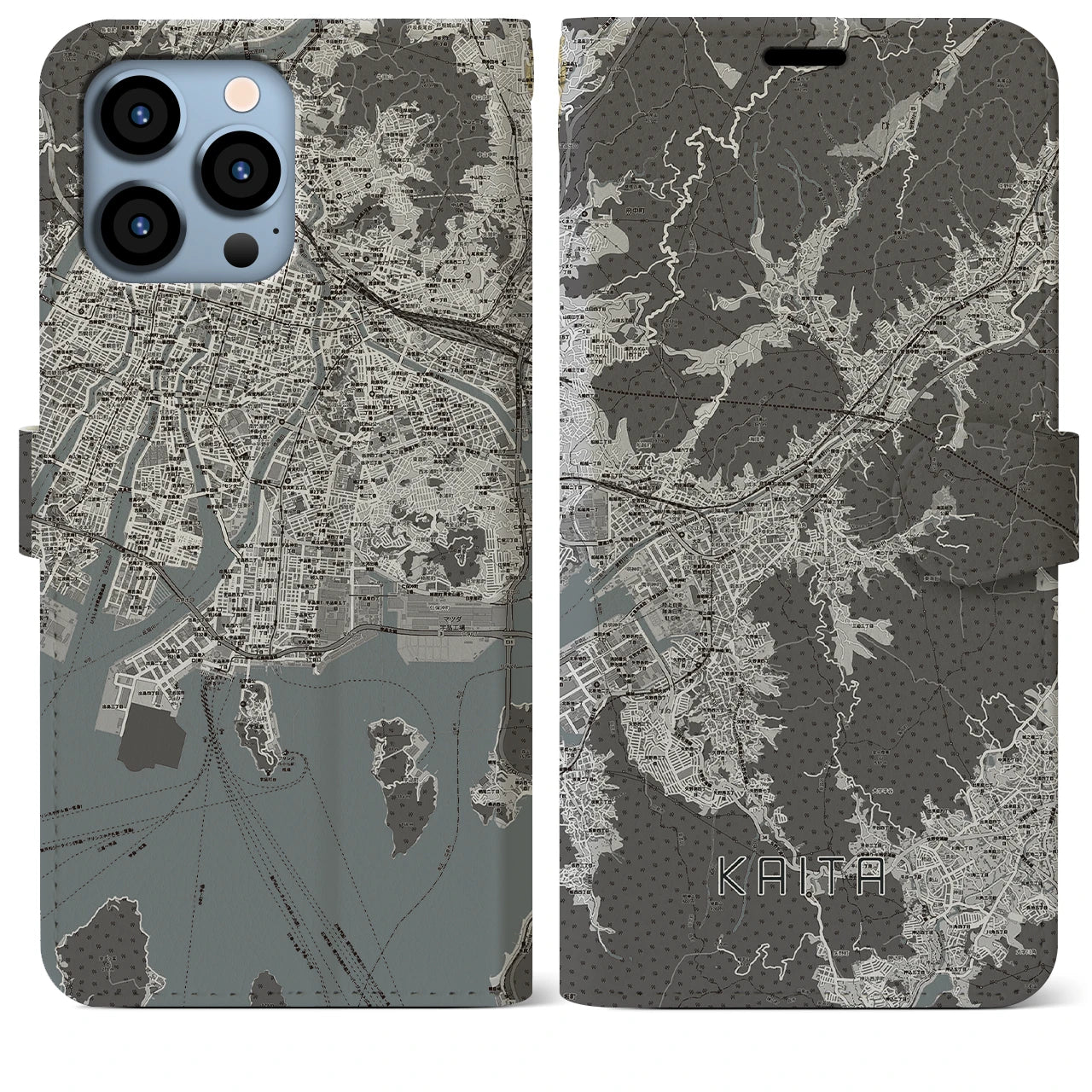 【海田(広島県)】地図柄iPhoneケース(手帳タイプ)モノトーン・iPhone 13 Pro Max 用