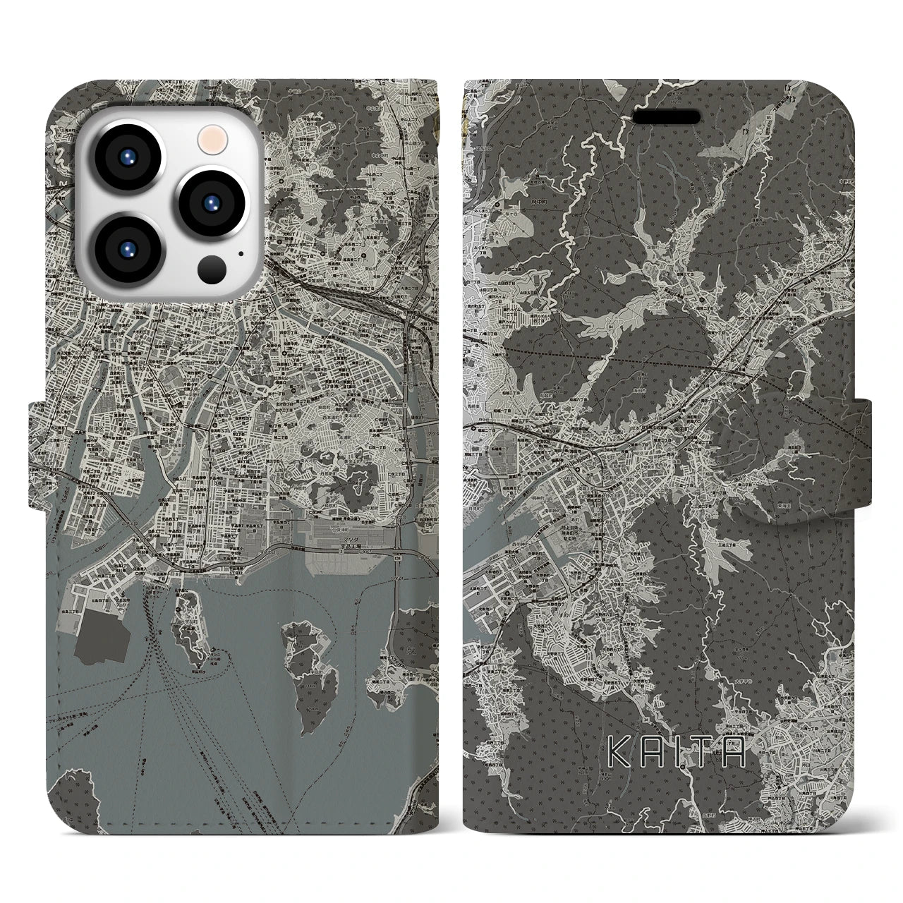 【海田(広島県)】地図柄iPhoneケース(手帳タイプ)モノトーン・iPhone 13 Pro 用