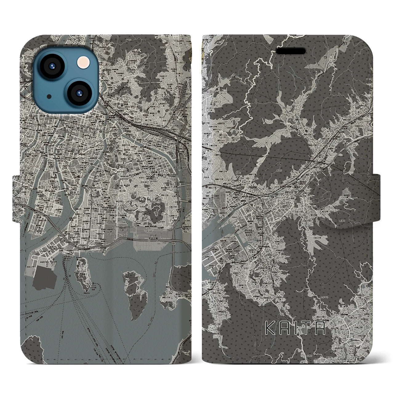 【海田(広島県)】地図柄iPhoneケース(手帳タイプ)モノトーン・iPhone 13 用