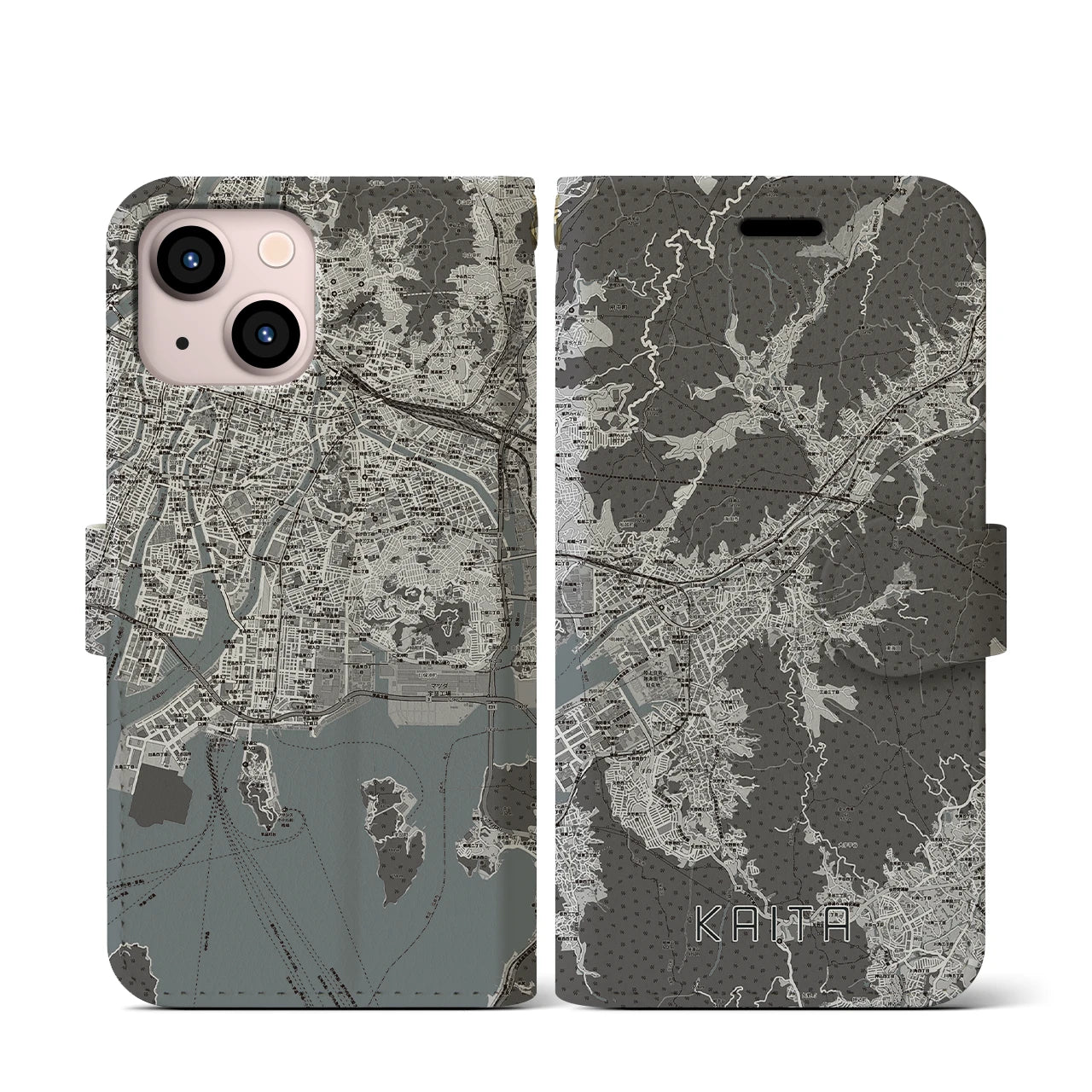 【海田(広島県)】地図柄iPhoneケース(手帳タイプ)モノトーン・iPhone 13 mini 用