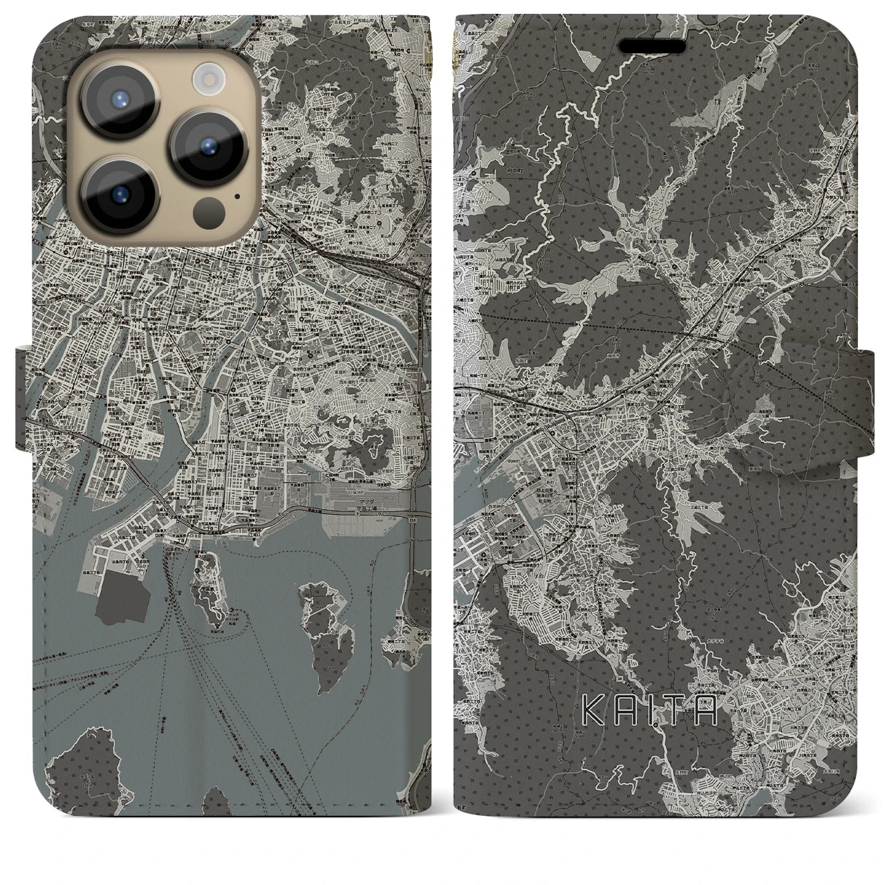 【海田(広島県)】地図柄iPhoneケース(手帳タイプ)モノトーン・iPhone 14 Pro Max 用