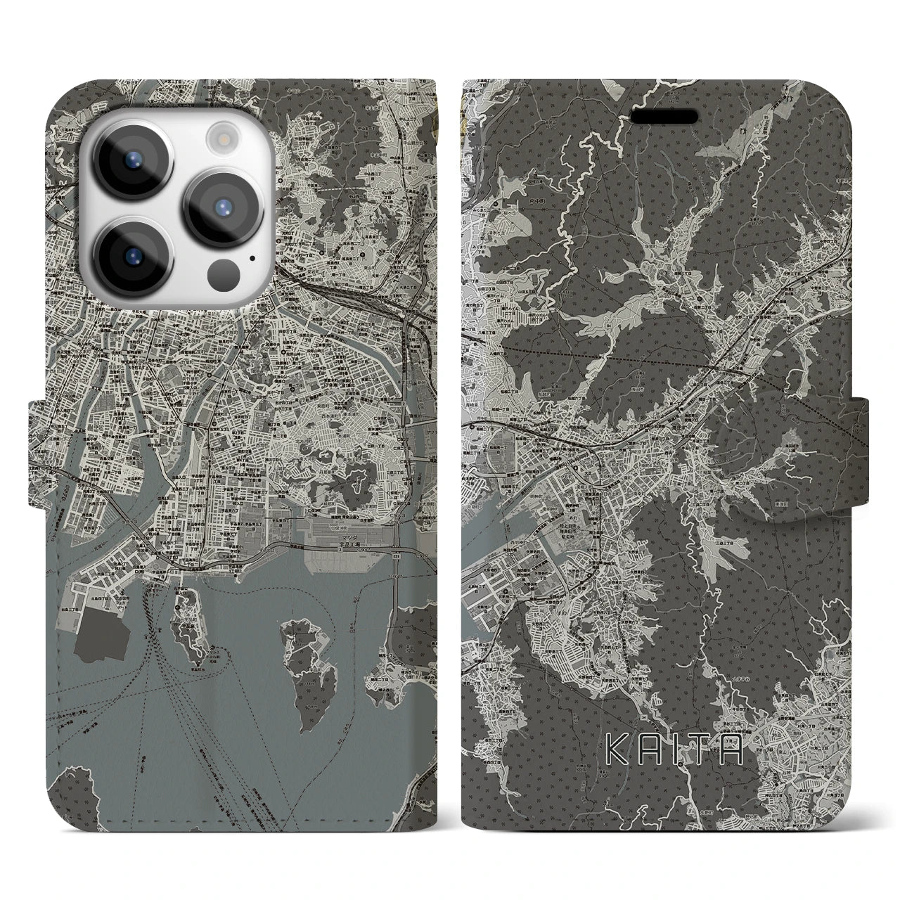 【海田(広島県)】地図柄iPhoneケース(手帳タイプ)モノトーン・iPhone 14 Pro 用