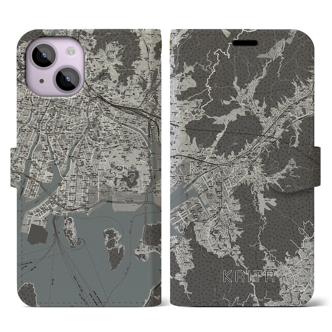 【海田(広島県)】地図柄iPhoneケース(手帳タイプ)モノトーン・iPhone 14 用