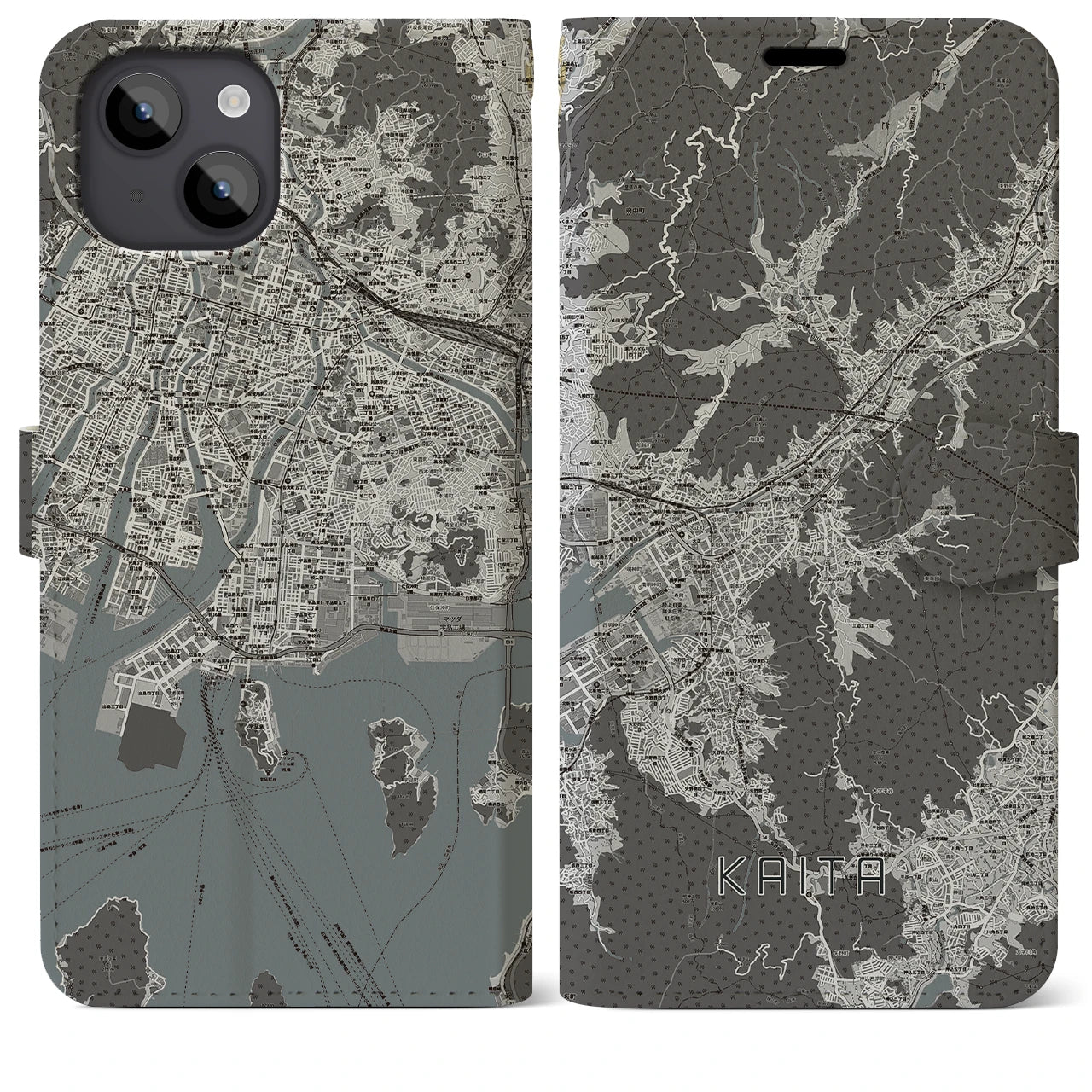 【海田(広島県)】地図柄iPhoneケース(手帳タイプ)モノトーン・iPhone 14 Plus 用