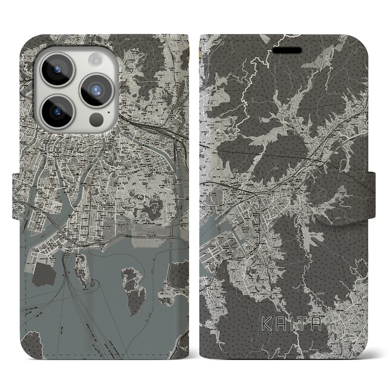 【海田(広島県)】地図柄iPhoneケース(手帳タイプ)モノトーン・iPhone 15 Pro 用