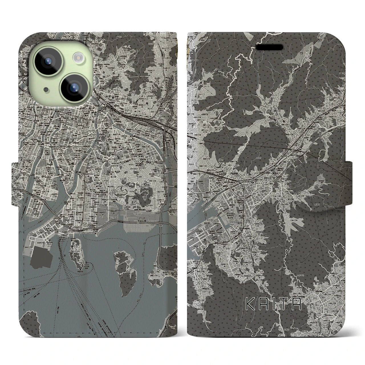 【海田(広島県)】地図柄iPhoneケース(手帳タイプ)モノトーン・iPhone 15 用