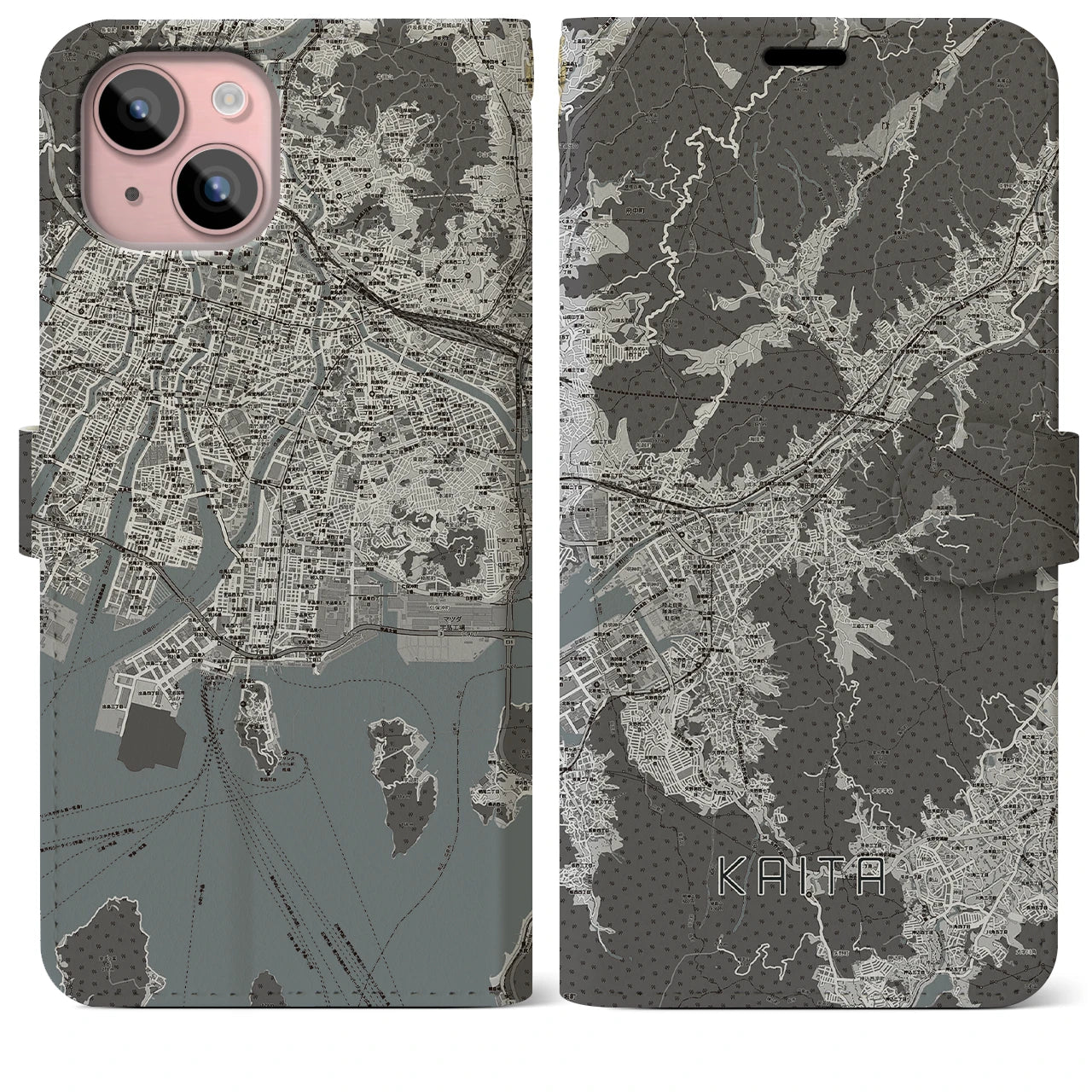 【海田(広島県)】地図柄iPhoneケース(手帳タイプ)モノトーン・iPhone 15 Plus 用