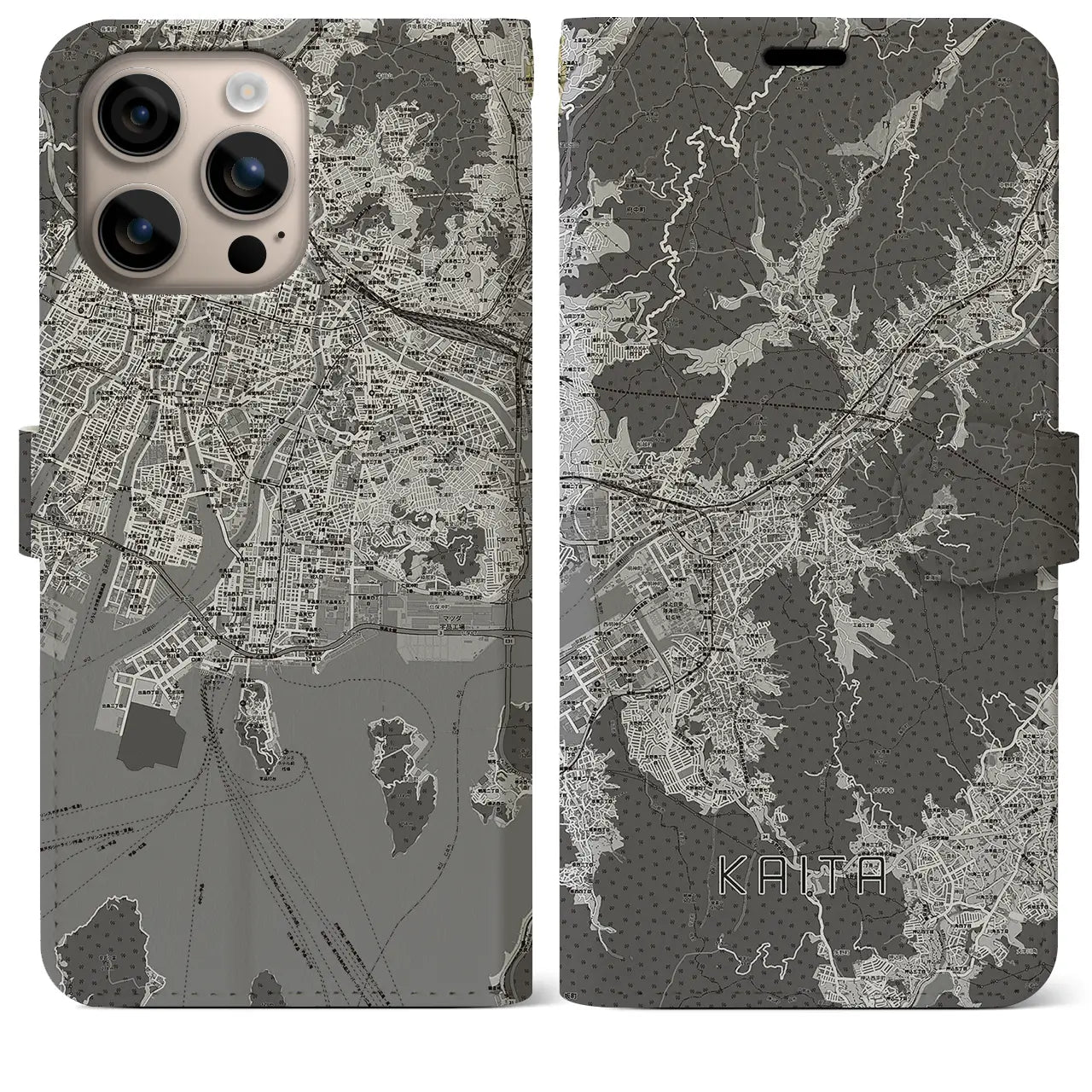 【海田(広島県)】地図柄iPhoneケース(手帳タイプ)モノトーン・iPhone 16 Plus 用