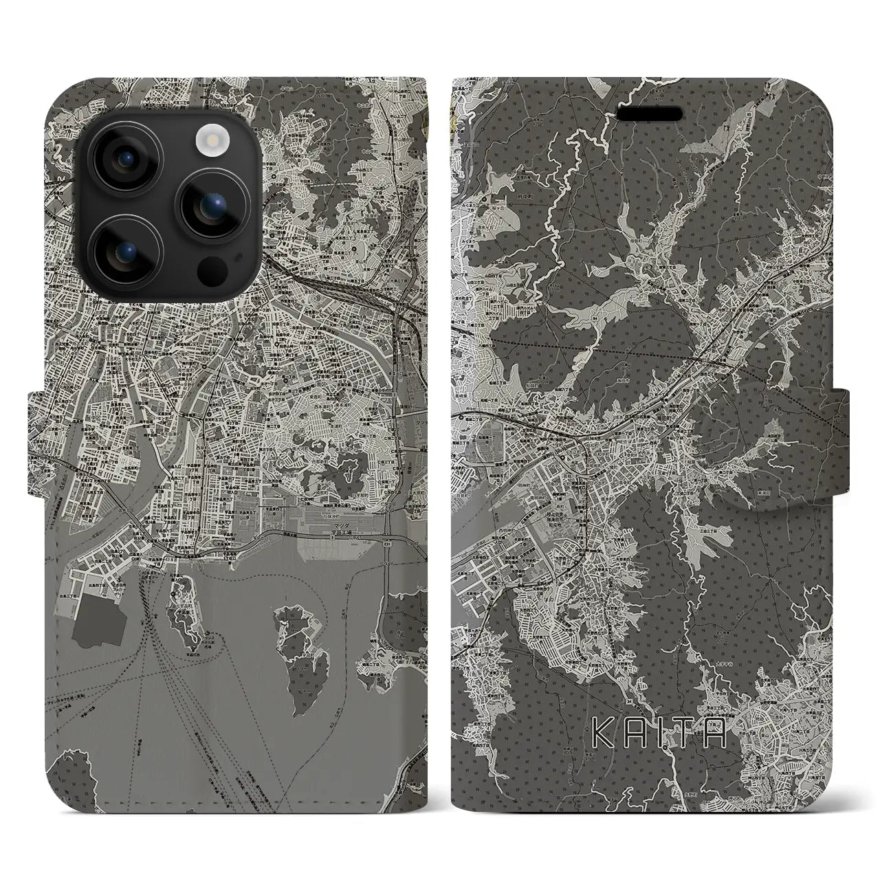 【海田(広島県)】地図柄iPhoneケース(手帳タイプ)モノトーン・iPhone 16 用