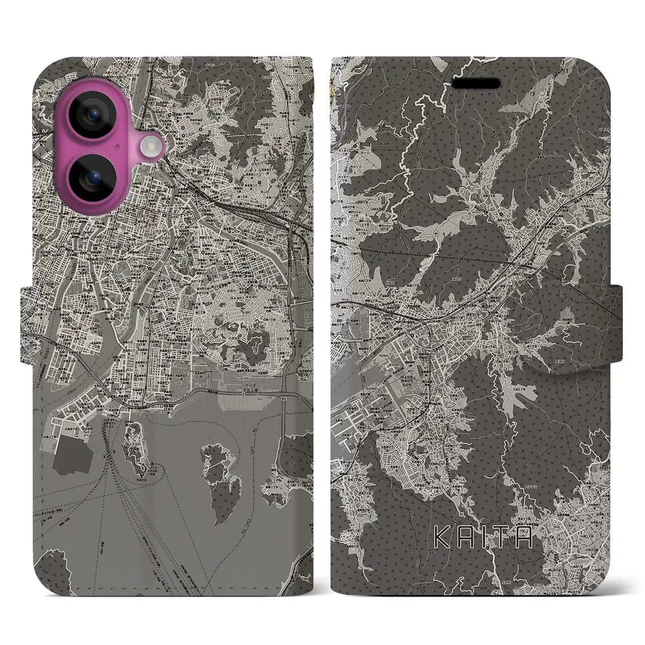 【海田(広島県)】地図柄iPhoneケース(手帳タイプ)モノトーン・iPhone 16 Pro 用