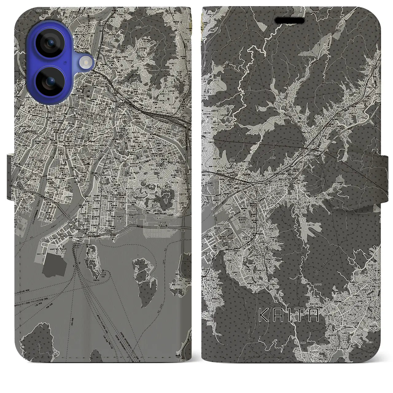 【海田(広島県)】地図柄iPhoneケース(手帳タイプ)モノトーン・iPhone 16 Pro Max 用