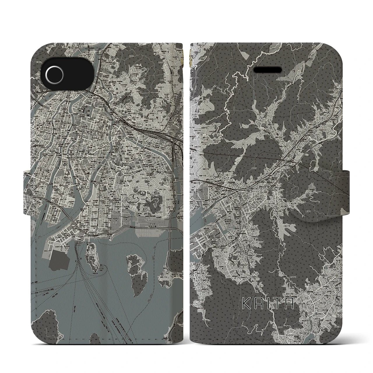 【海田(広島県)】地図柄iPhoneケース(手帳タイプ)モノトーン・iPhone SE(第3 / 第2世代) / 8 / 7 / 6s / 6 用