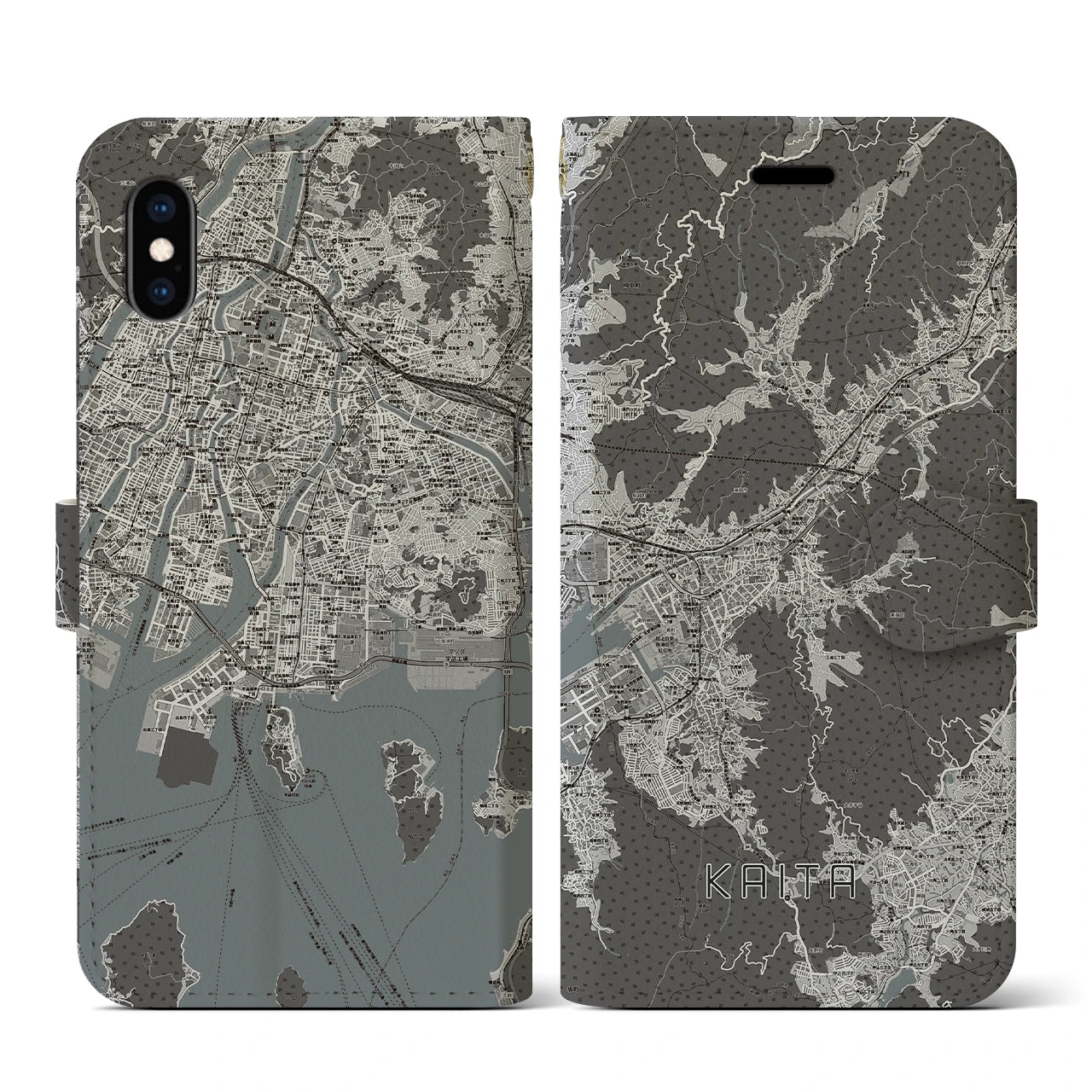 【海田(広島県)】地図柄iPhoneケース(手帳タイプ)モノトーン・iPhone XS / X 用