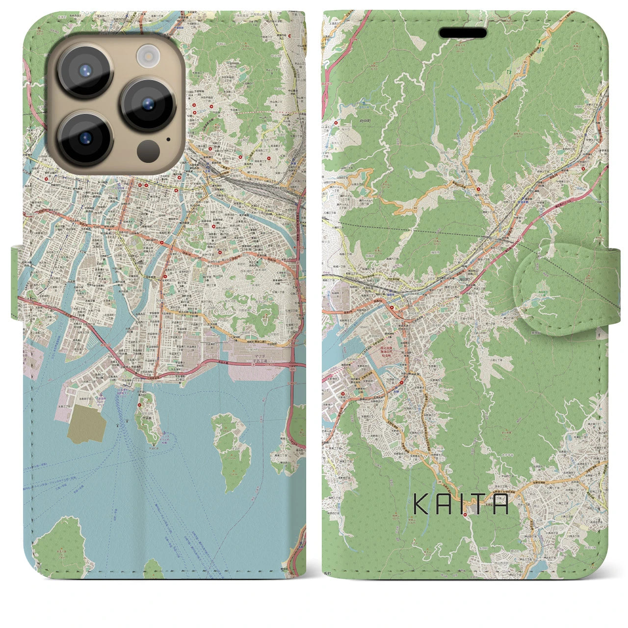 【海田(広島県)】地図柄iPhoneケース(手帳タイプ)ナチュラル・iPhone 14 Pro Max 用
