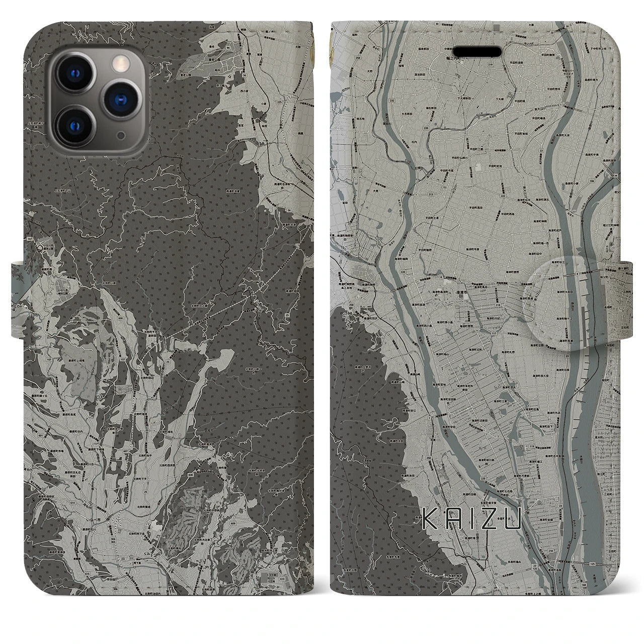 【海津(岐阜県)】地図柄iPhoneケース(手帳タイプ)モノトーン・iPhone 11 Pro Max 用