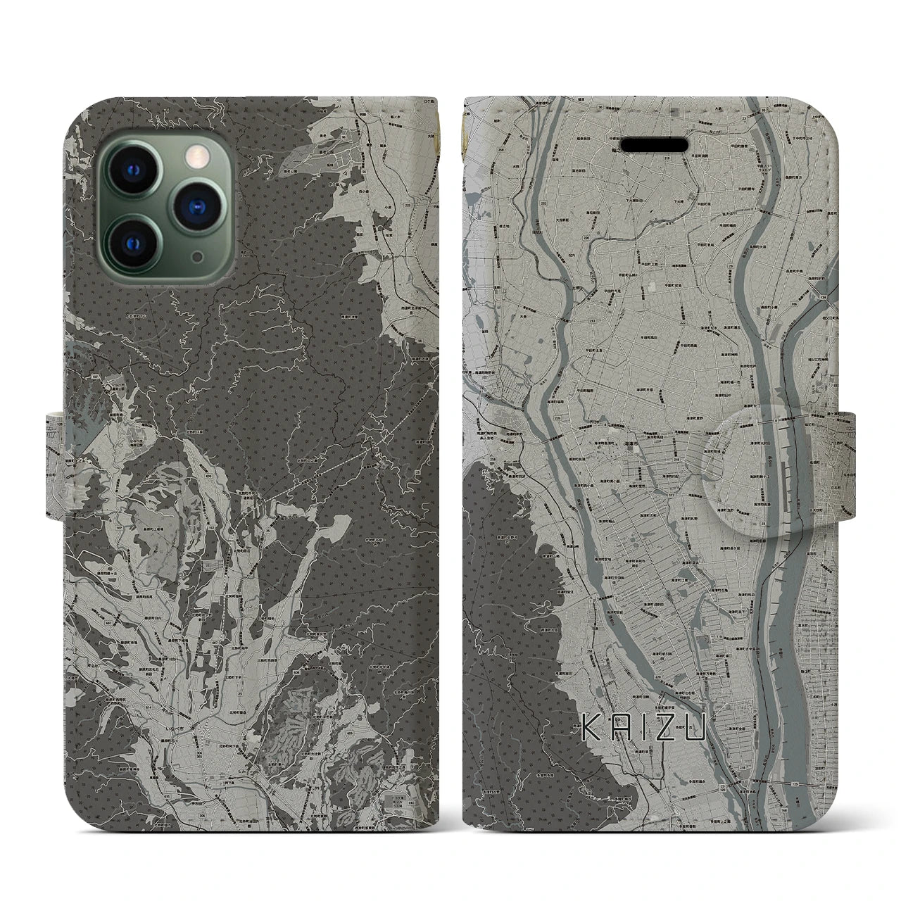 【海津(岐阜県)】地図柄iPhoneケース(手帳タイプ)モノトーン・iPhone 11 Pro 用