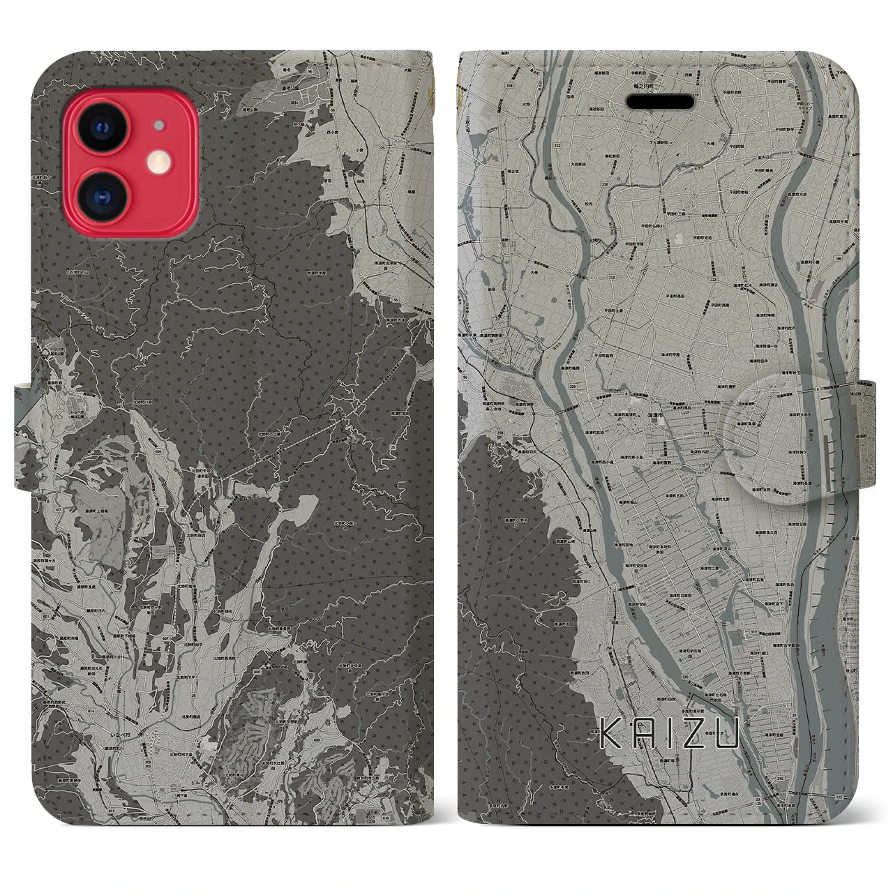 【海津(岐阜県)】地図柄iPhoneケース(手帳タイプ)モノトーン・iPhone 11 用