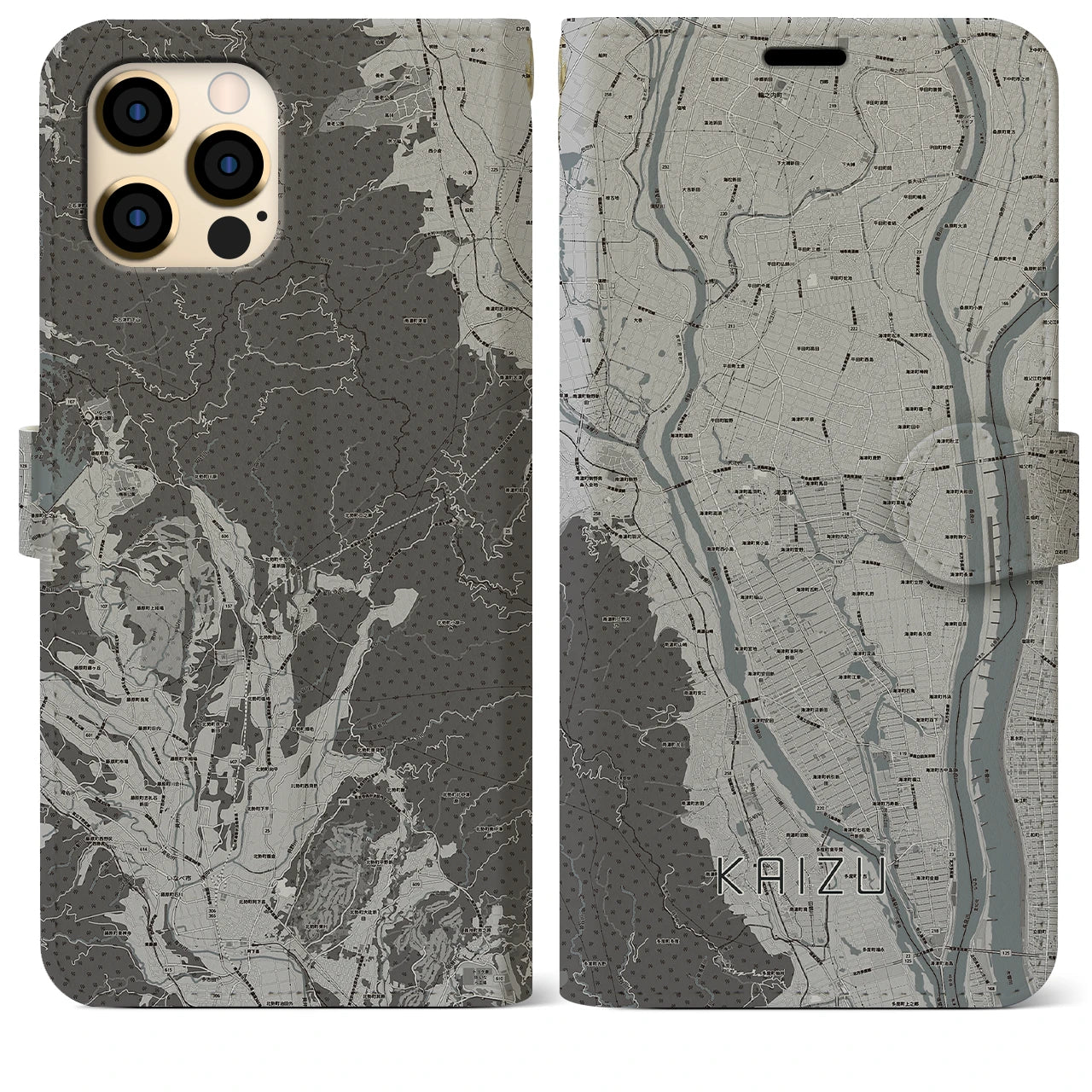 【海津(岐阜県)】地図柄iPhoneケース(手帳タイプ)モノトーン・iPhone 12 Pro Max 用