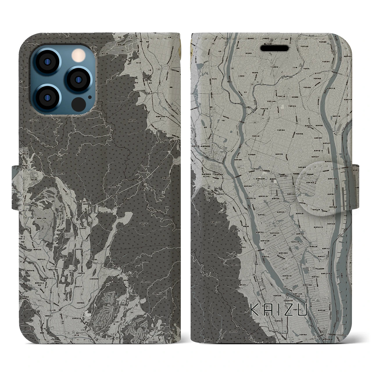 【海津(岐阜県)】地図柄iPhoneケース(手帳タイプ)モノトーン・iPhone 12 / 12 Pro 用