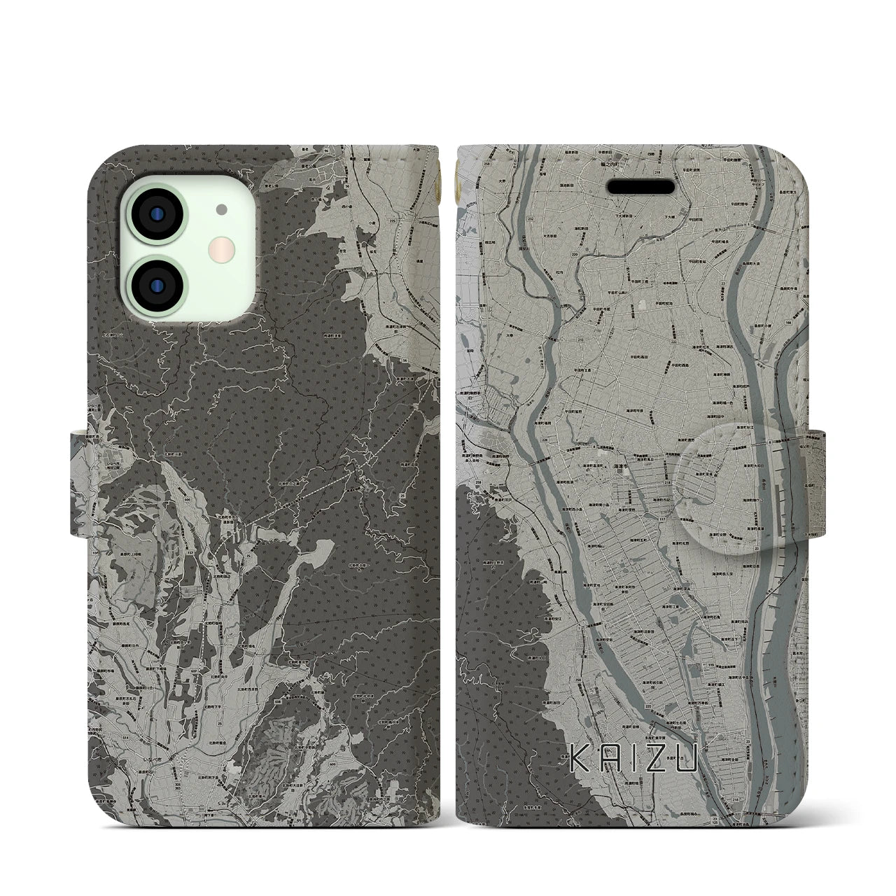 【海津(岐阜県)】地図柄iPhoneケース(手帳タイプ)モノトーン・iPhone 12 mini 用