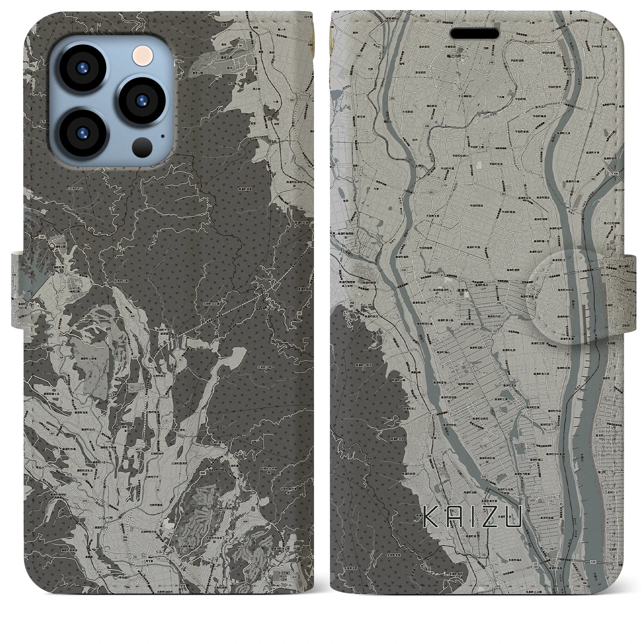 【海津(岐阜県)】地図柄iPhoneケース(手帳タイプ)モノトーン・iPhone 13 Pro Max 用