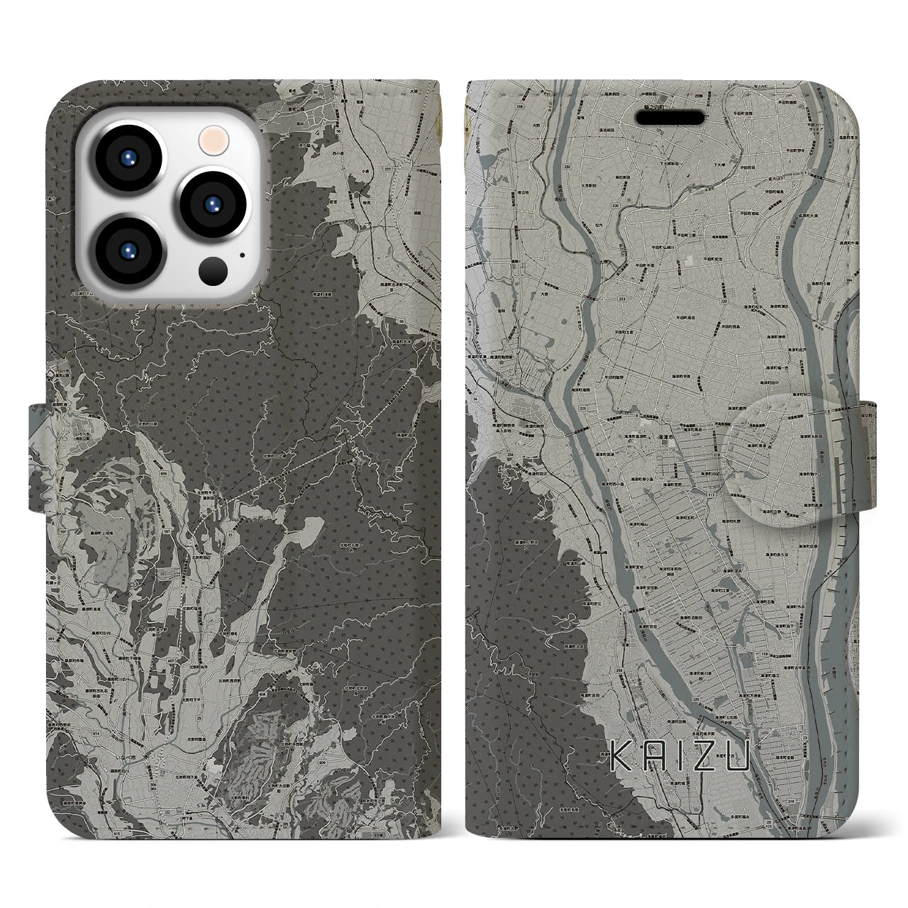 【海津(岐阜県)】地図柄iPhoneケース(手帳タイプ)モノトーン・iPhone 13 Pro 用