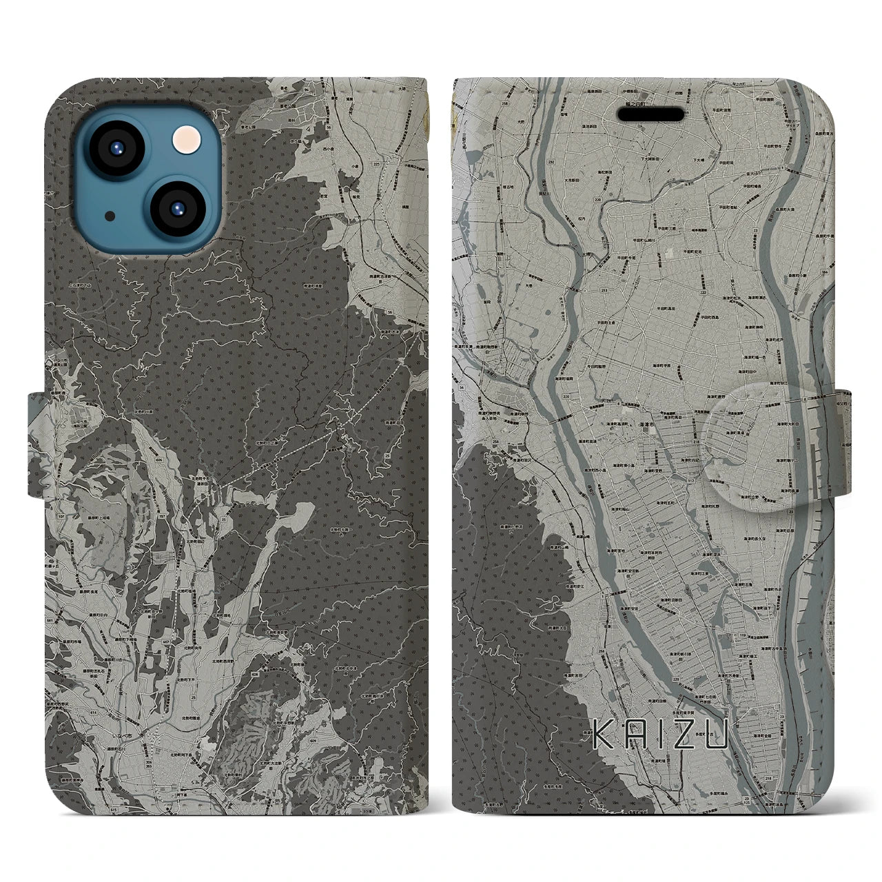【海津(岐阜県)】地図柄iPhoneケース(手帳タイプ)モノトーン・iPhone 13 用