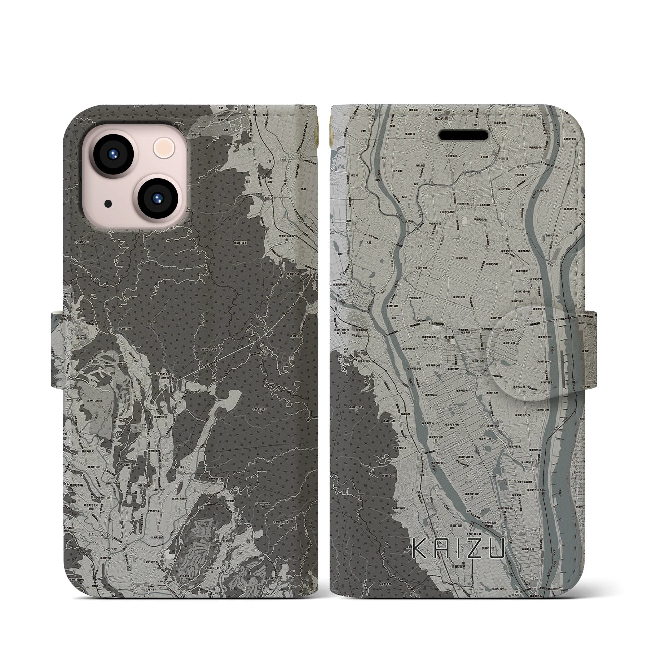 【海津(岐阜県)】地図柄iPhoneケース(手帳タイプ)モノトーン・iPhone 13 mini 用