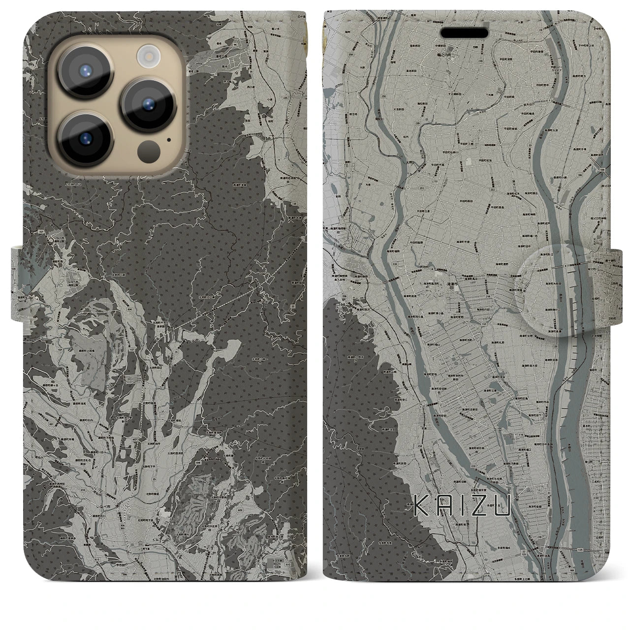 【海津(岐阜県)】地図柄iPhoneケース(手帳タイプ)モノトーン・iPhone 14 Pro Max 用