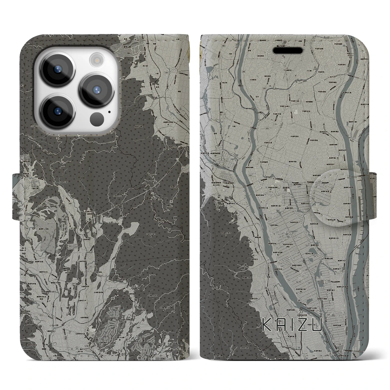 【海津(岐阜県)】地図柄iPhoneケース(手帳タイプ)モノトーン・iPhone 14 Pro 用