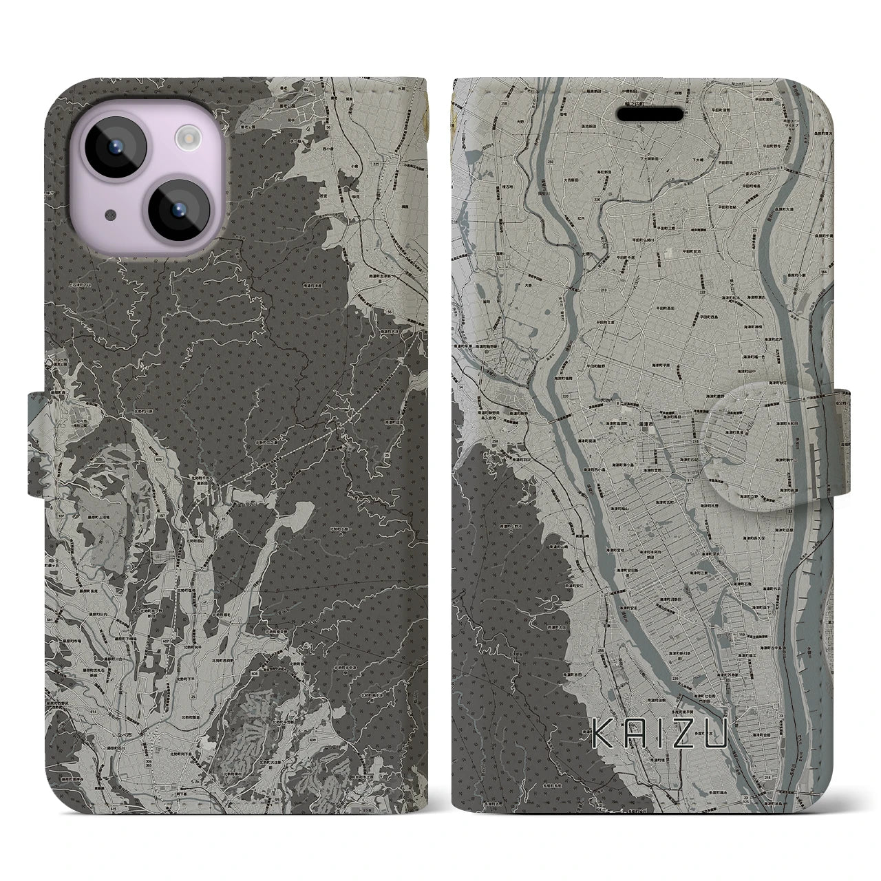 【海津(岐阜県)】地図柄iPhoneケース(手帳タイプ)モノトーン・iPhone 14 用