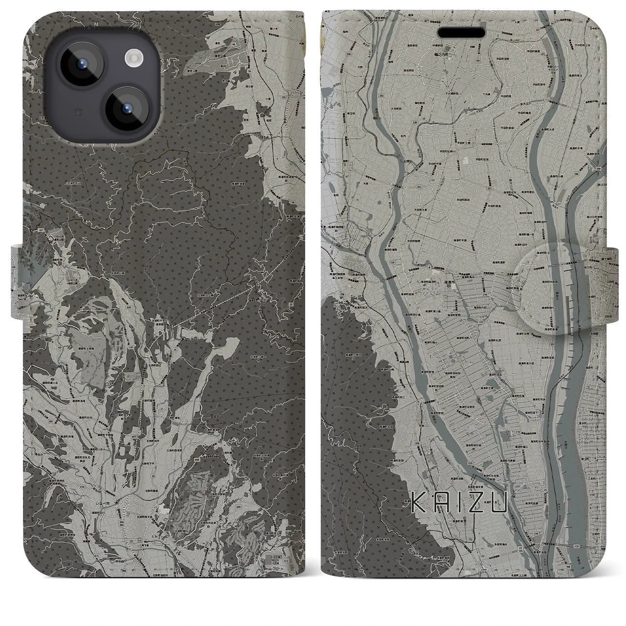 【海津(岐阜県)】地図柄iPhoneケース(手帳タイプ)モノトーン・iPhone 14 Plus 用