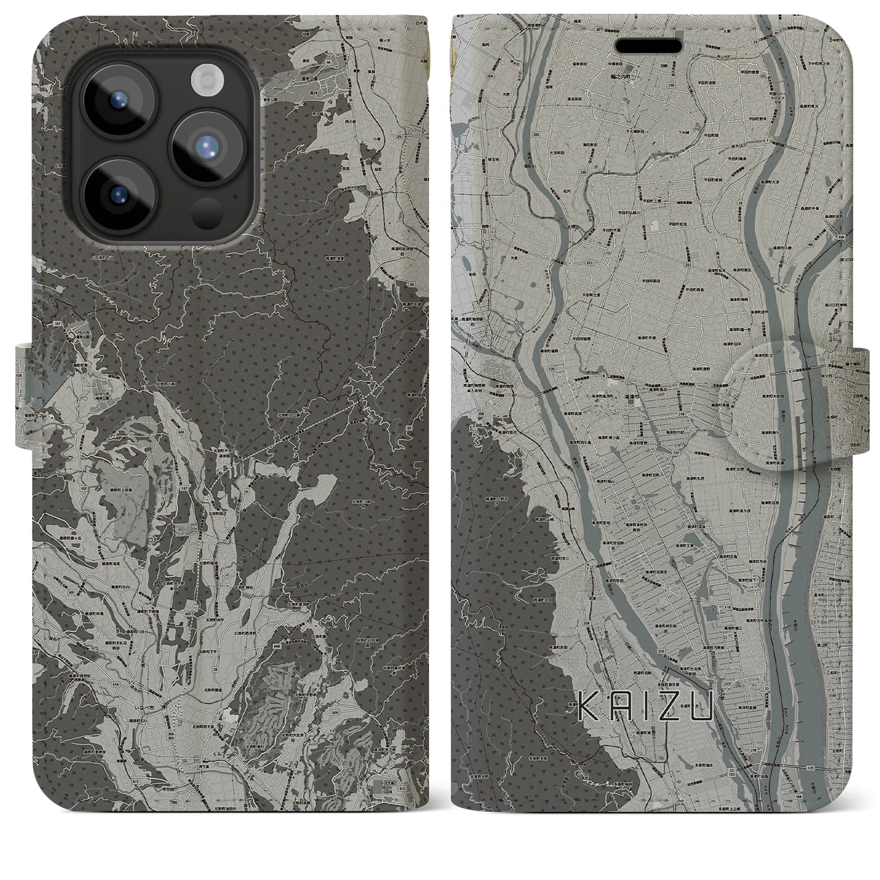 【海津(岐阜県)】地図柄iPhoneケース(手帳タイプ)モノトーン・iPhone 15 Pro Max 用