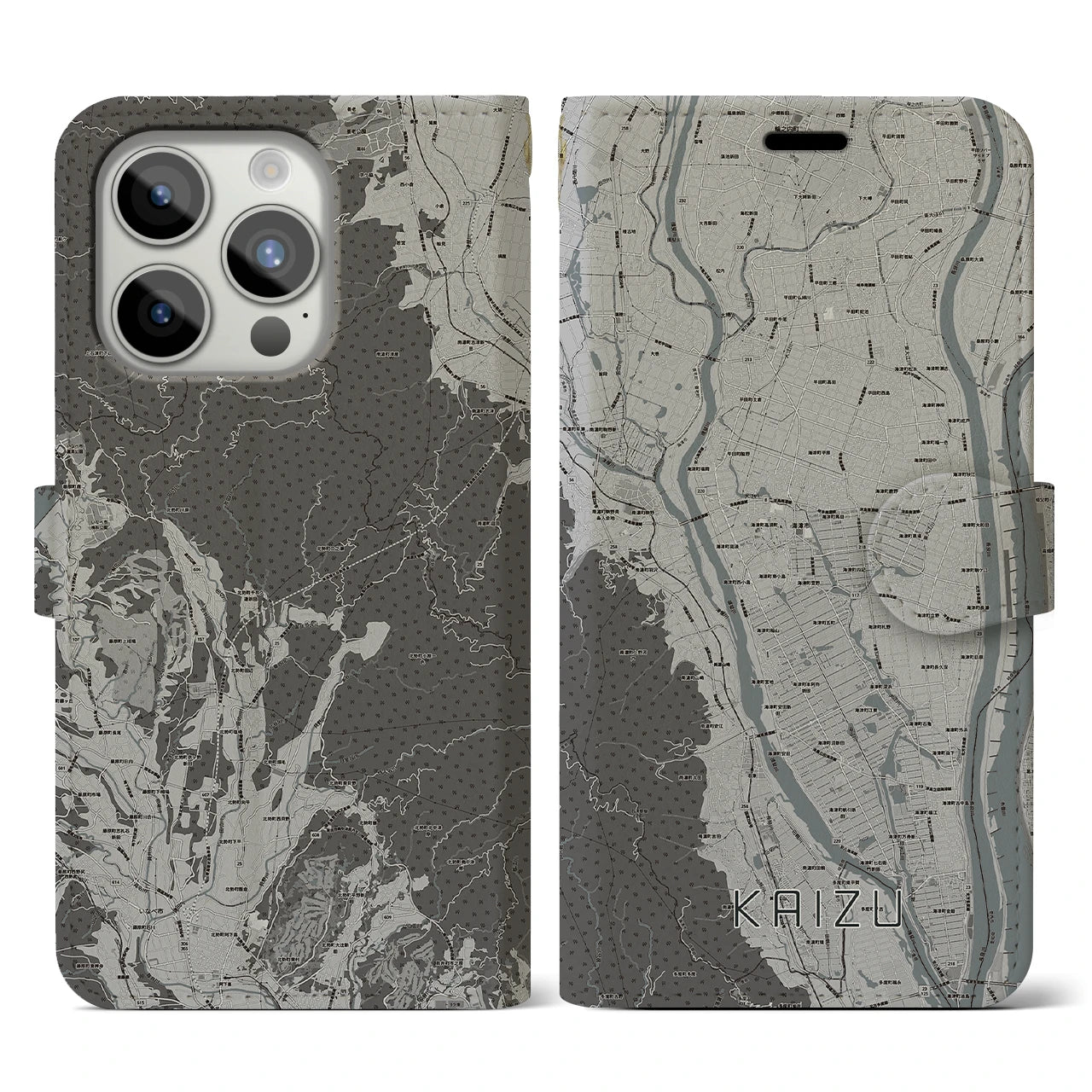 【海津(岐阜県)】地図柄iPhoneケース(手帳タイプ)モノトーン・iPhone 15 Pro 用