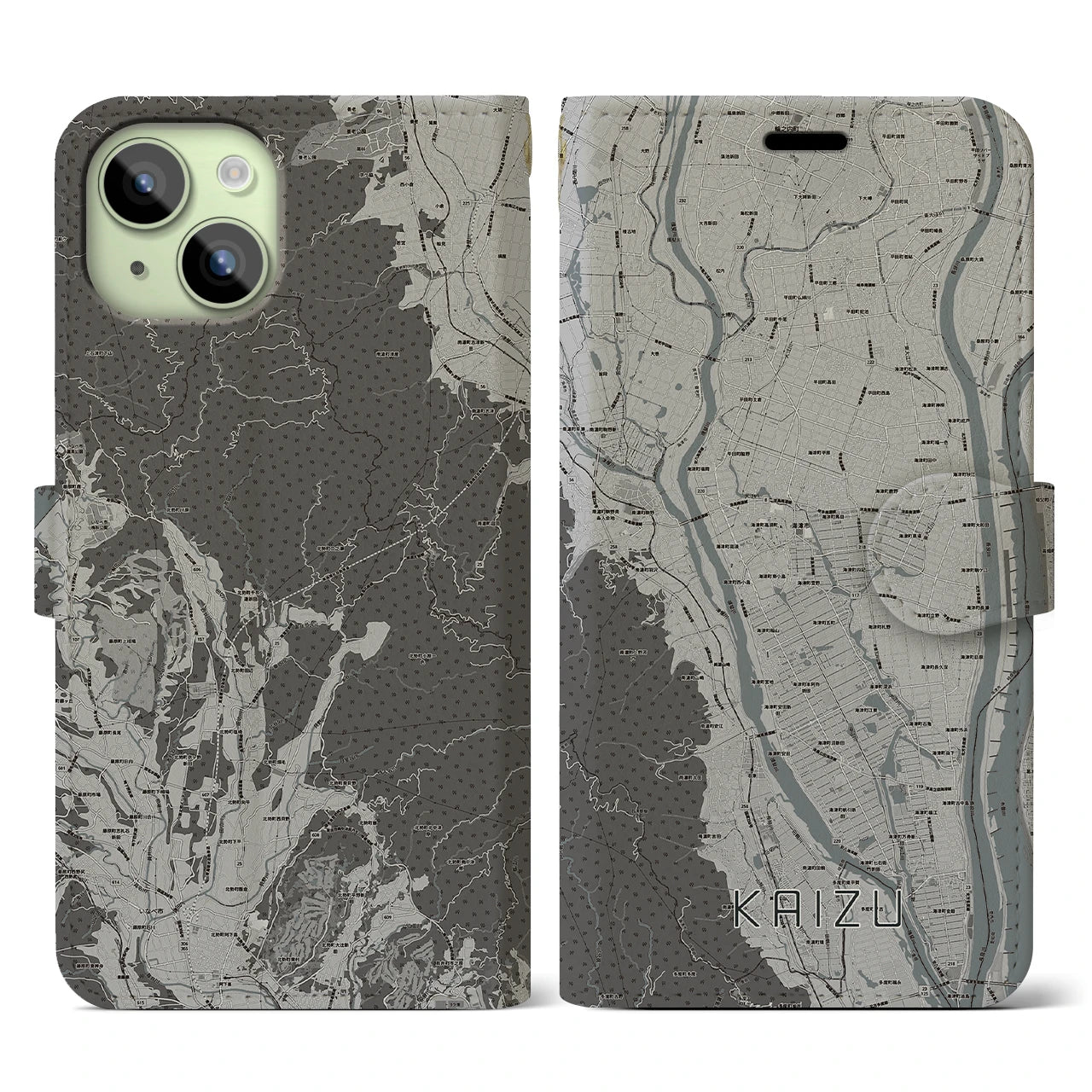 【海津(岐阜県)】地図柄iPhoneケース(手帳タイプ)モノトーン・iPhone 15 用